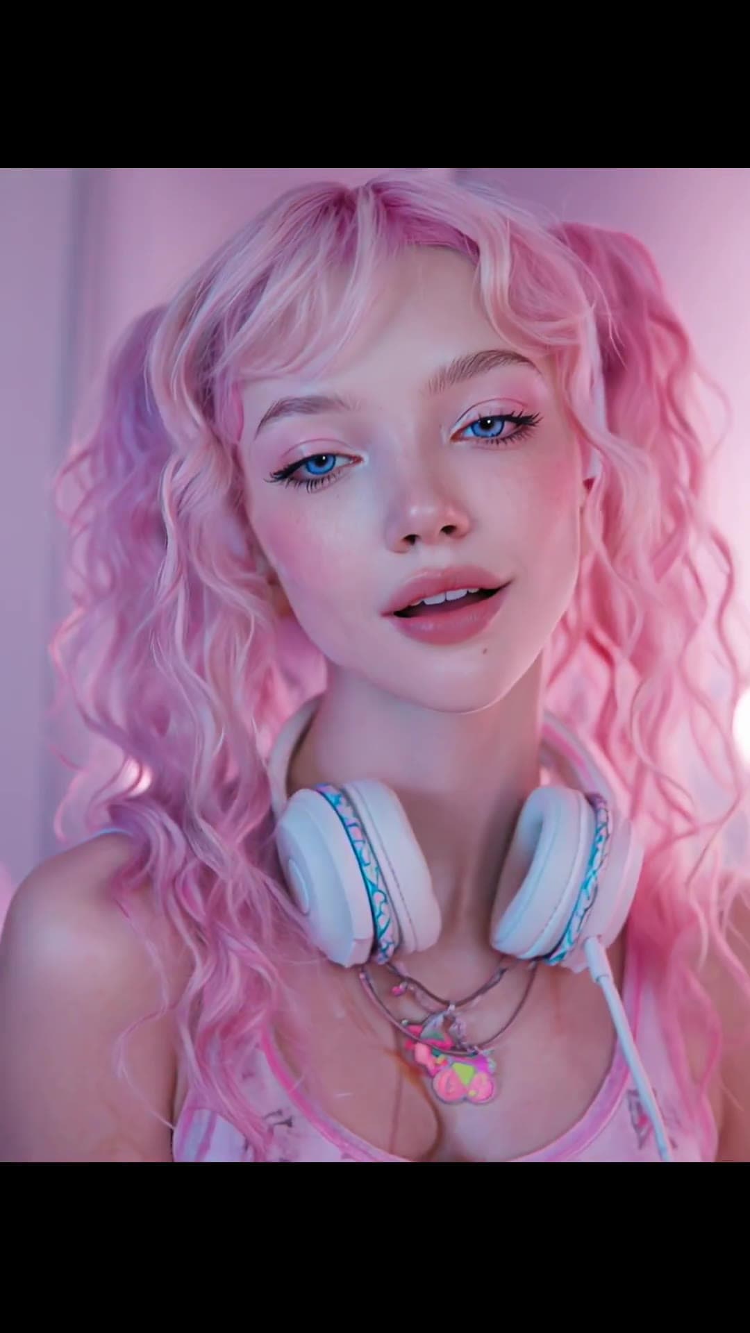 Young adult blonde pink pigtails neon bedroom close-up