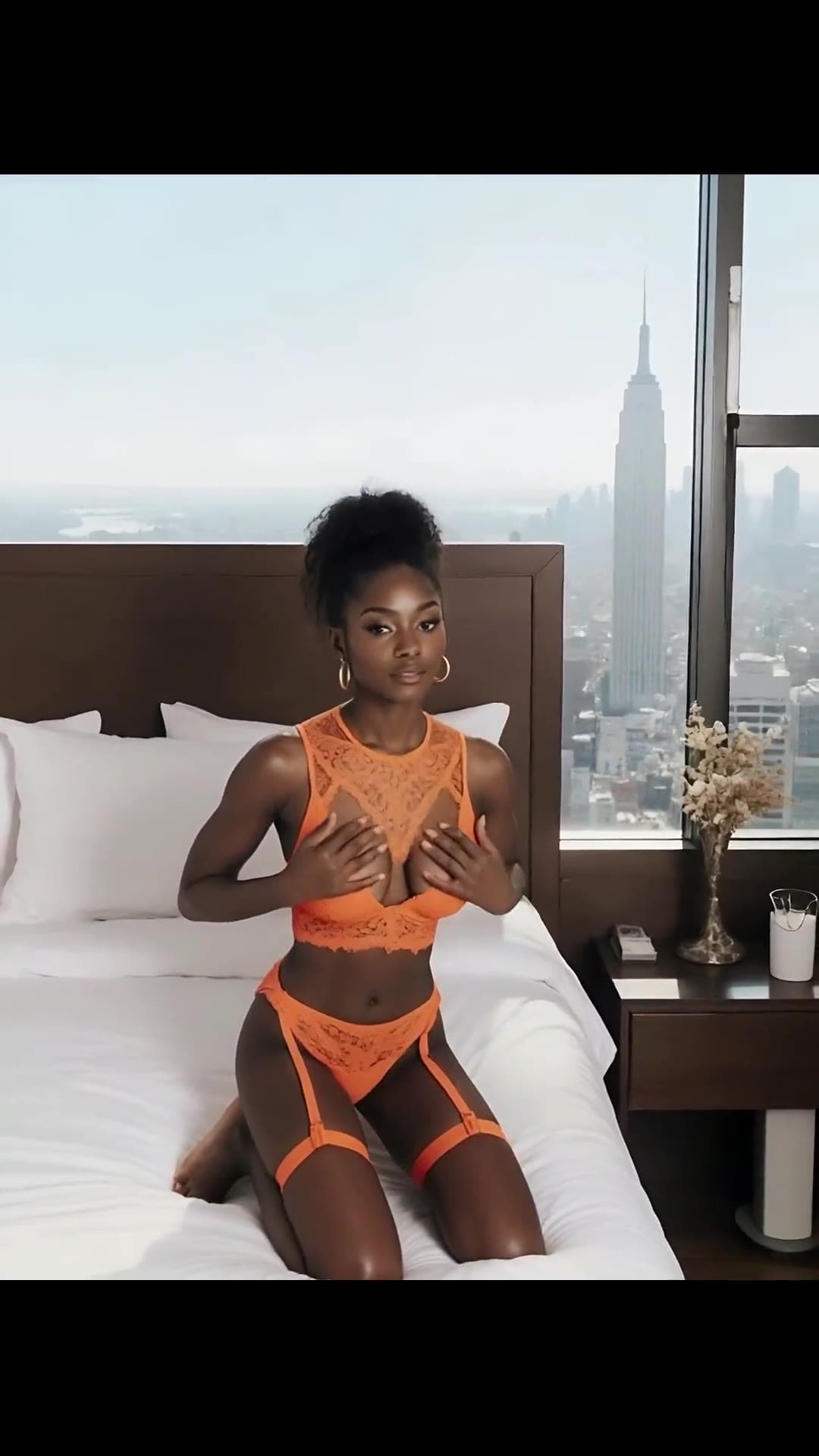 Blonde in orange lace lingerie on bed with skyline view