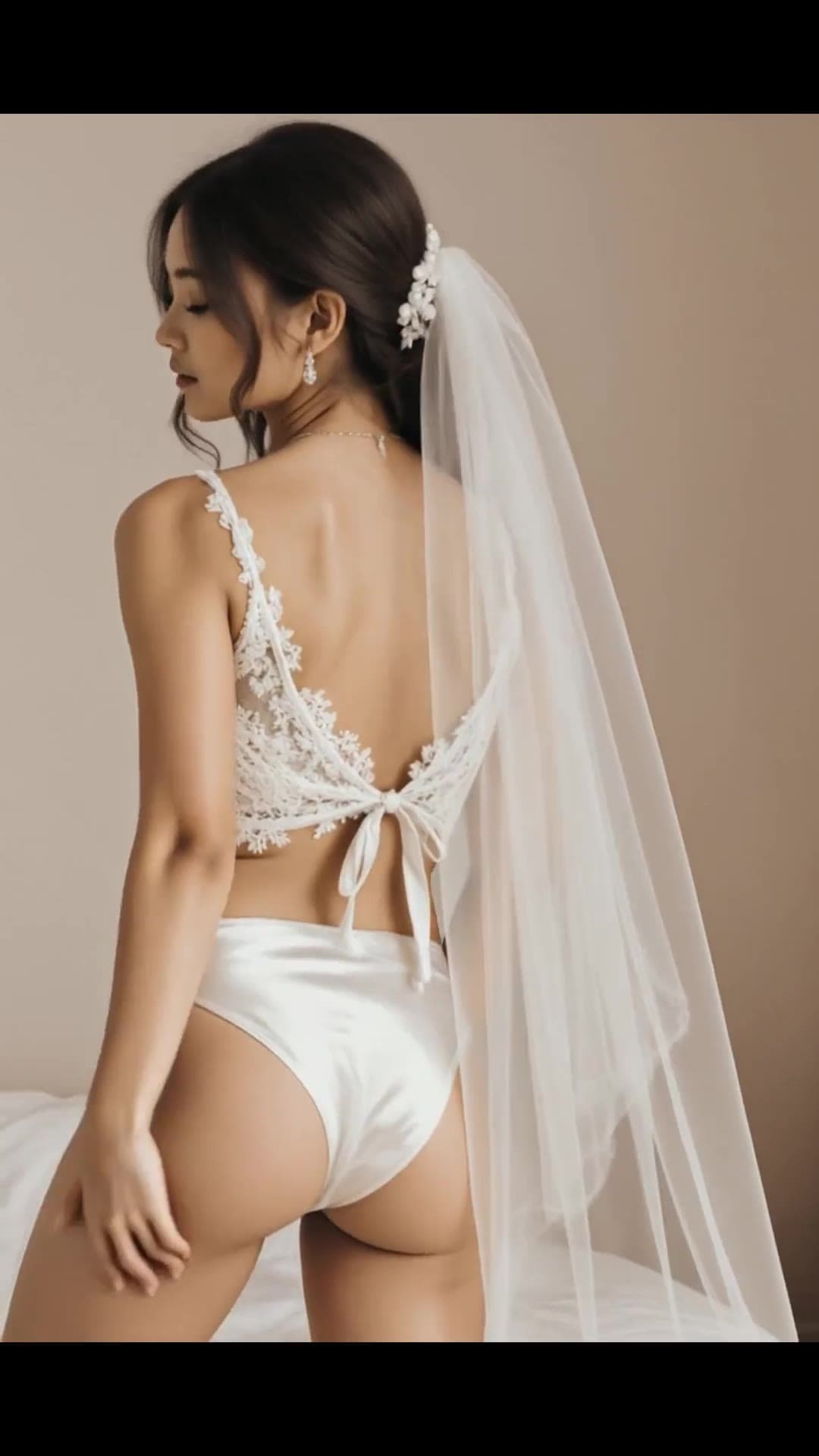 Brunette in sheer veil and lace bralette from behind