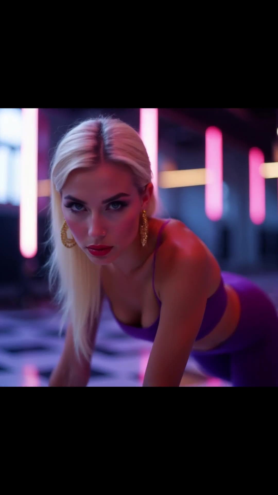 Curvy latina in purple crop top and leggings on all fours