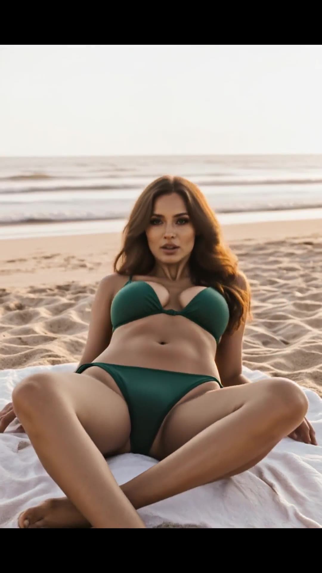 Butterfly pose legs spread beach sunset