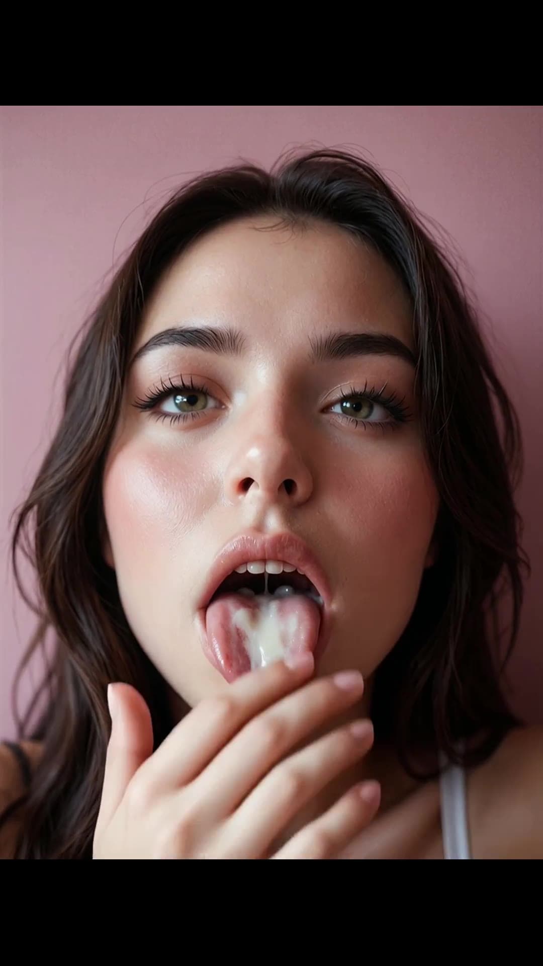 Long brown hair babe takes facial cumshot selfie