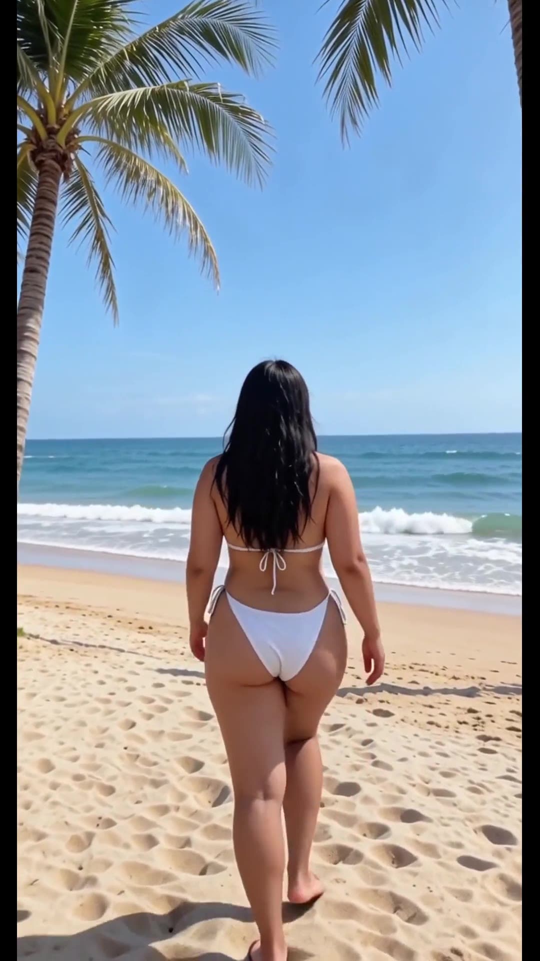 Curvy bikini ass walking beach from behind