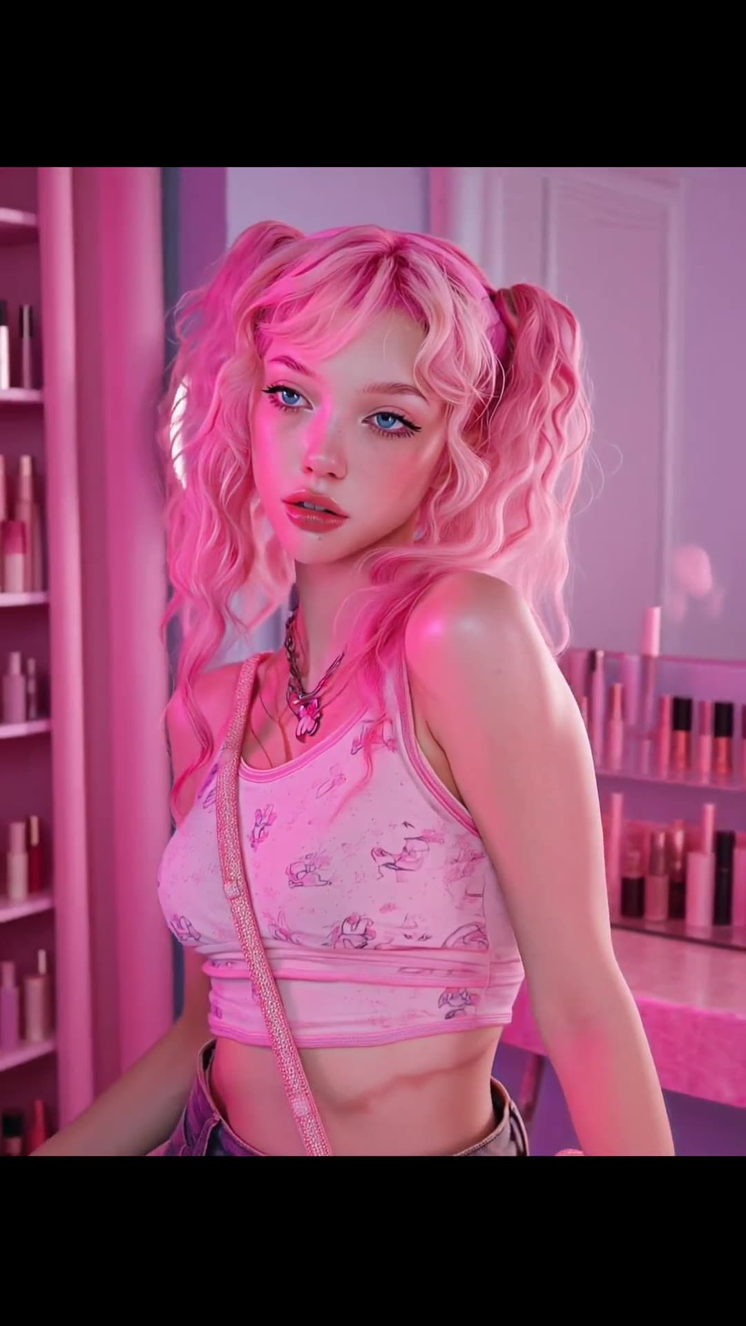 Pink pigtails blue eyes glossy lips closeup