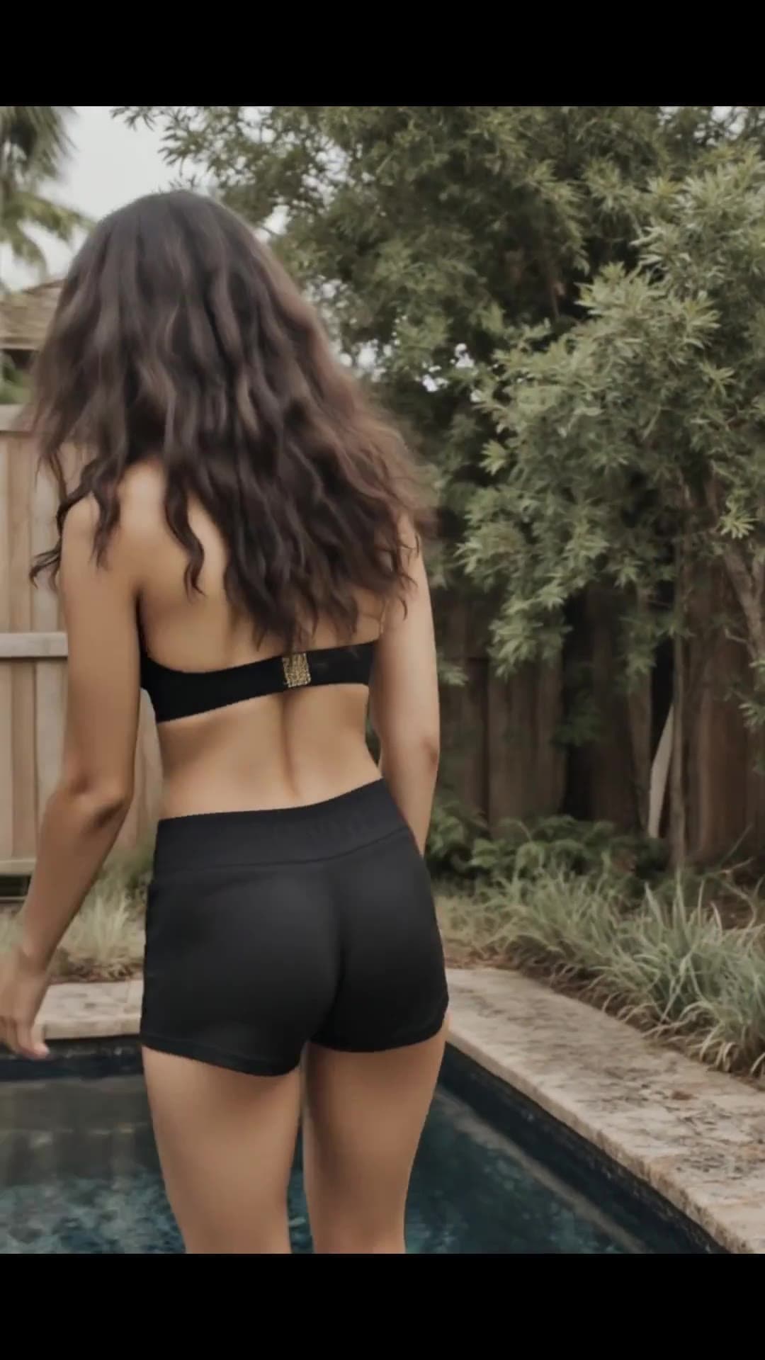 Young adult latina curvy ass in black booty shorts poolside