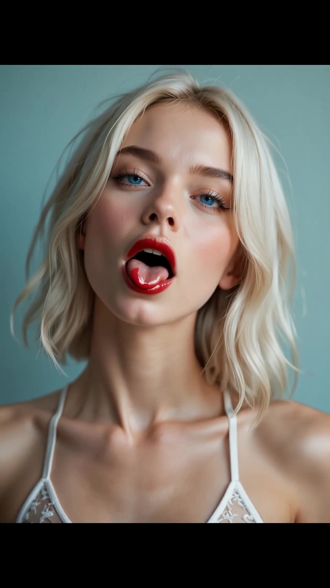 Young adult blonde sticking tongue out close up