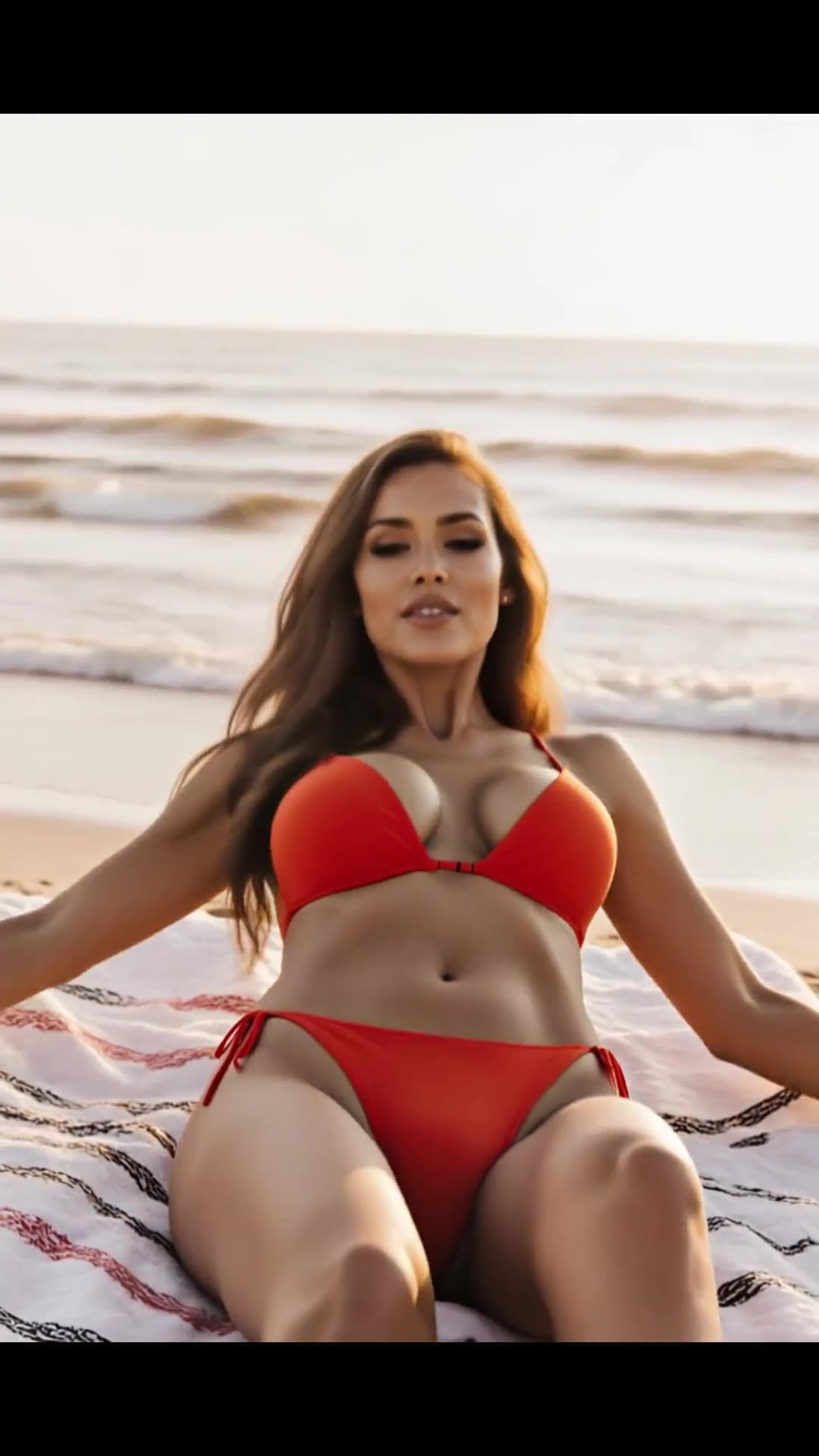 Long wavy brunette with brown eyes in red bikini
