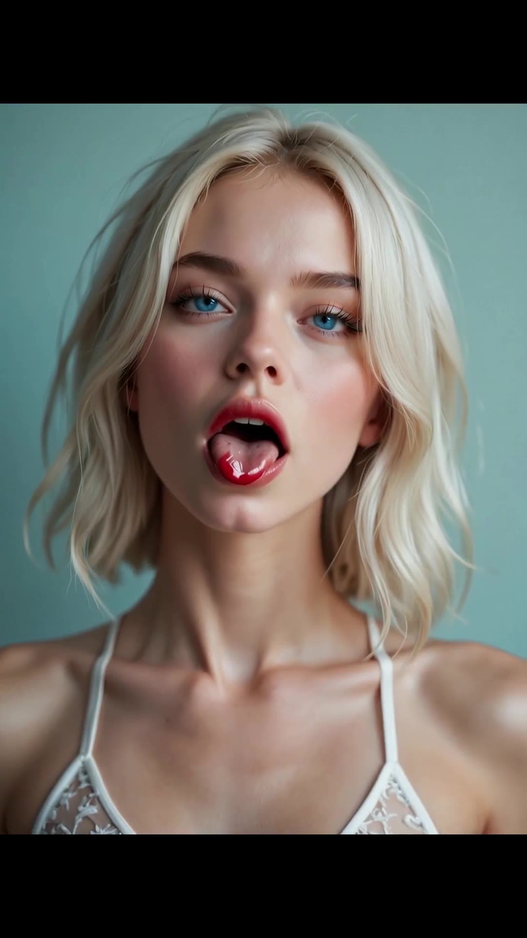 Blonde babe in white lace bra tongue out close-up