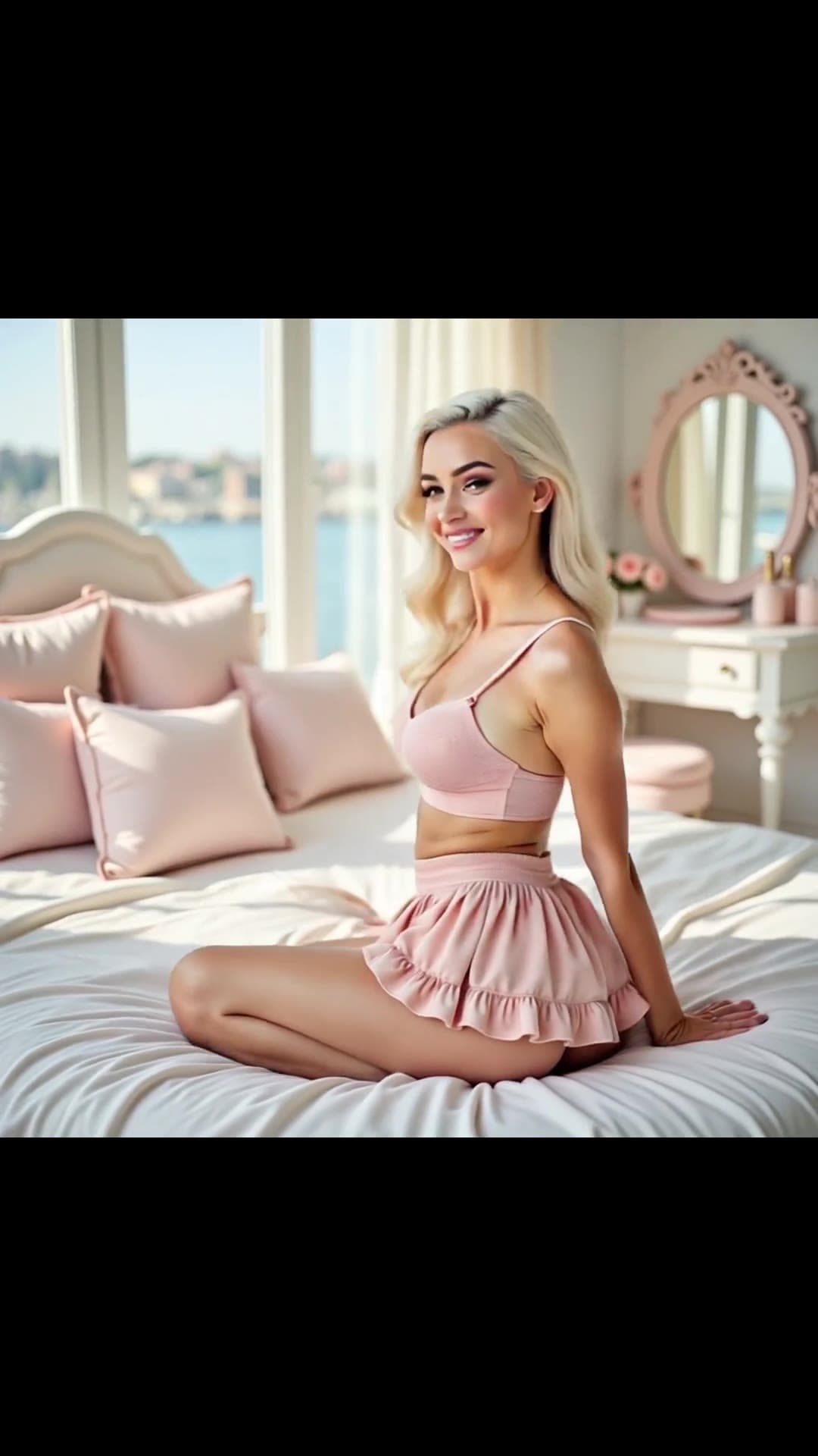 Blonde over shoulder smile on bed in pink