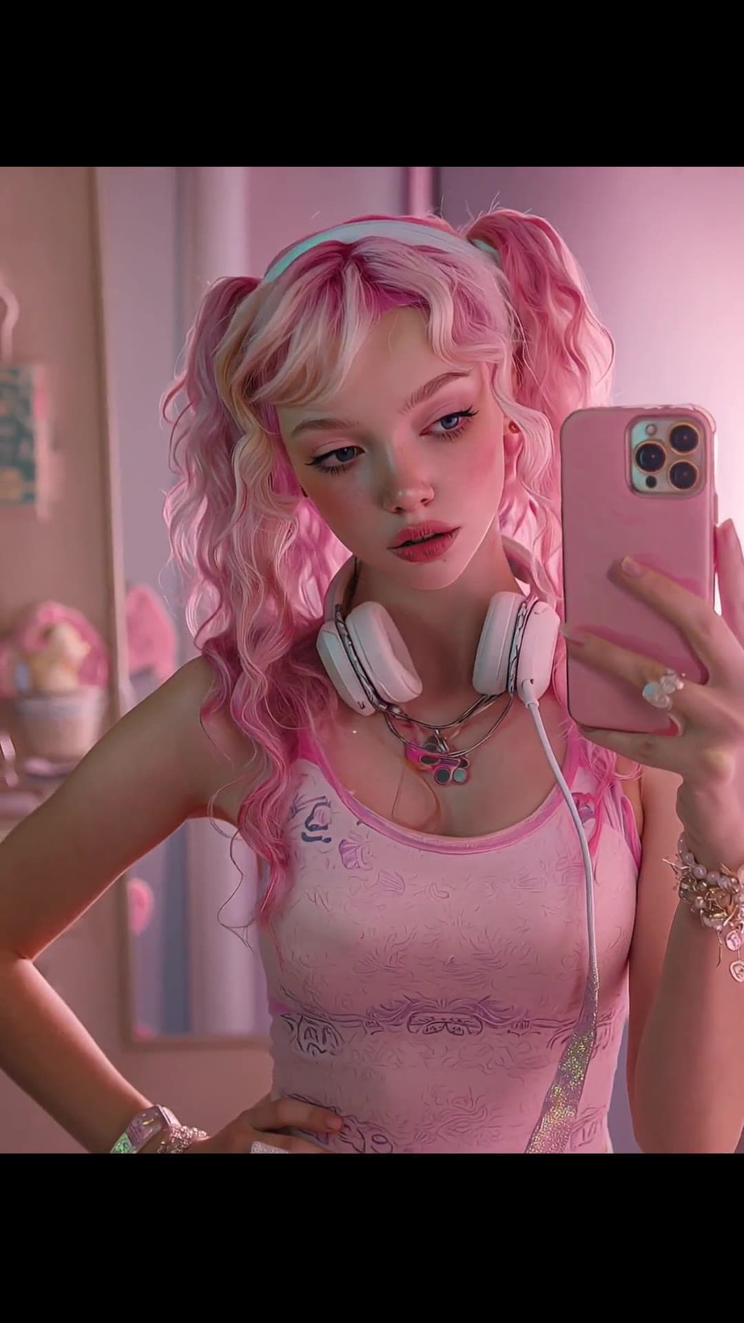 Pink pigtails selfie in bedroom showing cleavage