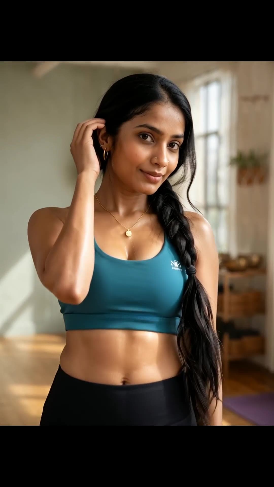 Athletic brunette in teal sports bra yoga studio