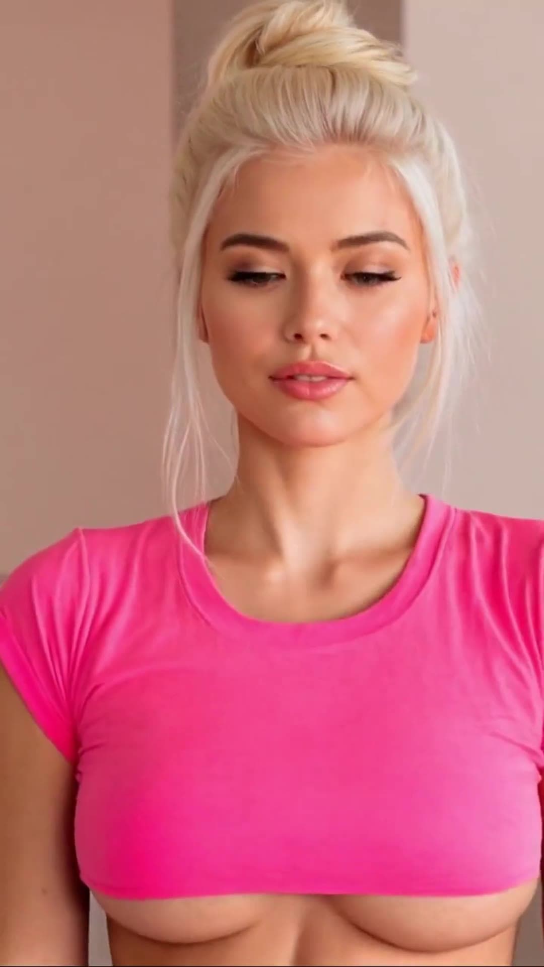 College blonde selfie in cropped pink top