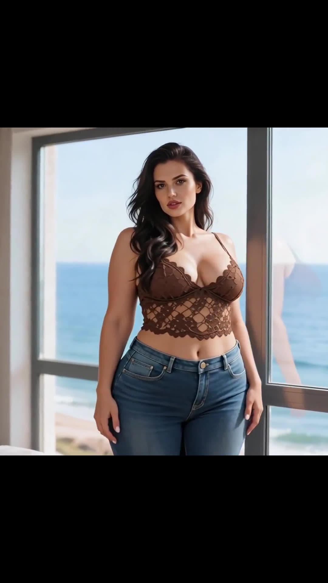 Curvy woman in lace crop top facing camera