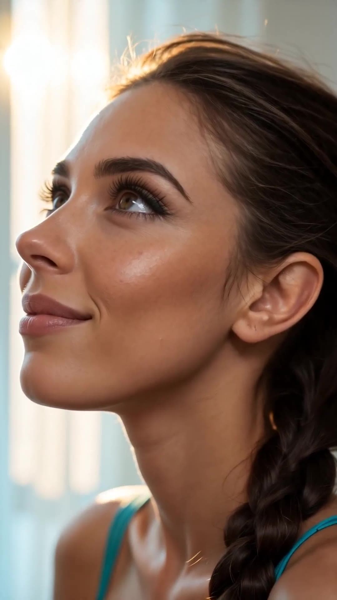 Hazel eyed brunette braid close-up teal top