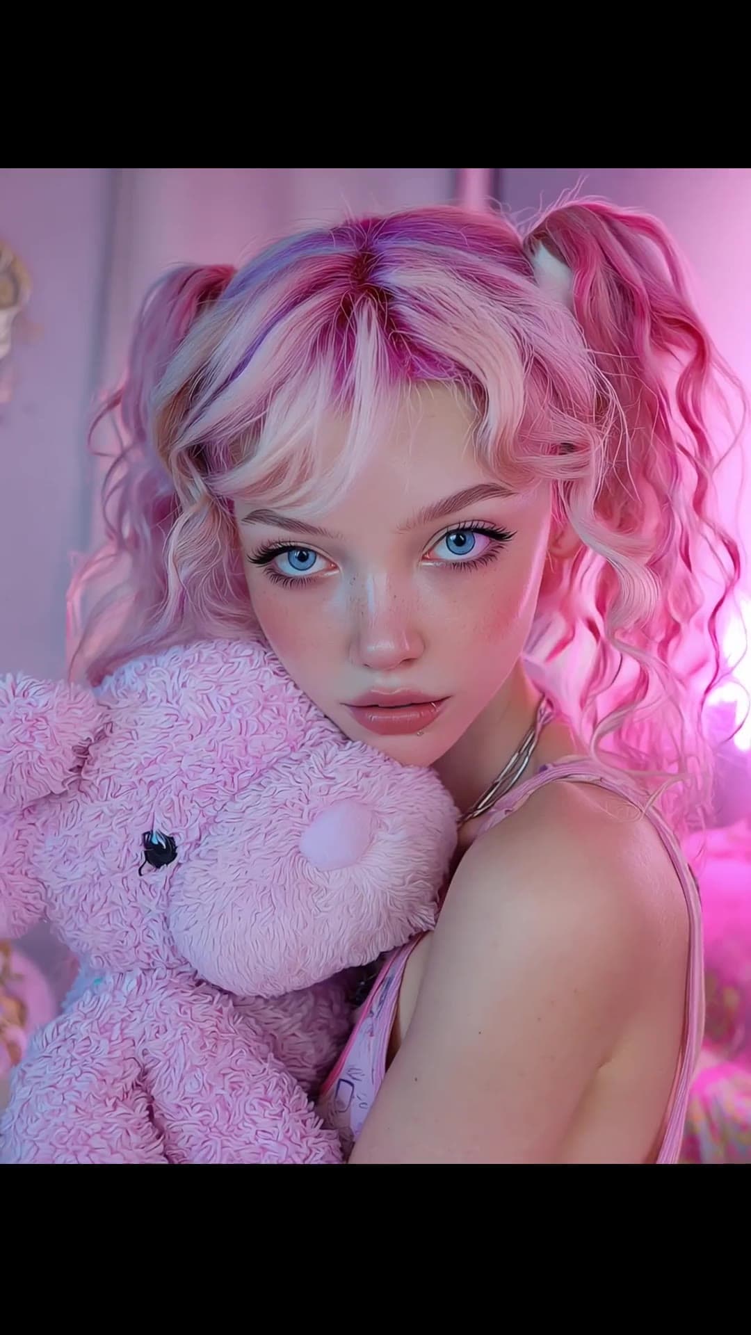Close up selfie pink pigtails with teddy bear