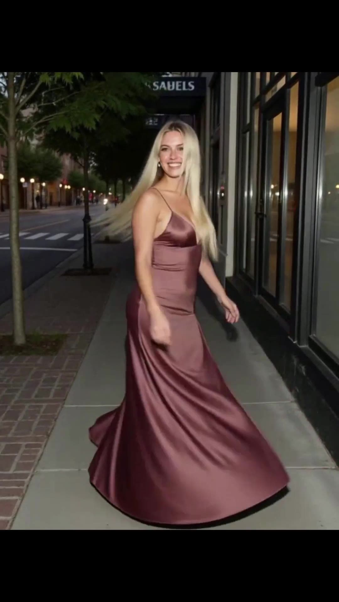 Mauve Satin Slip Dress on Night City Sidewalk