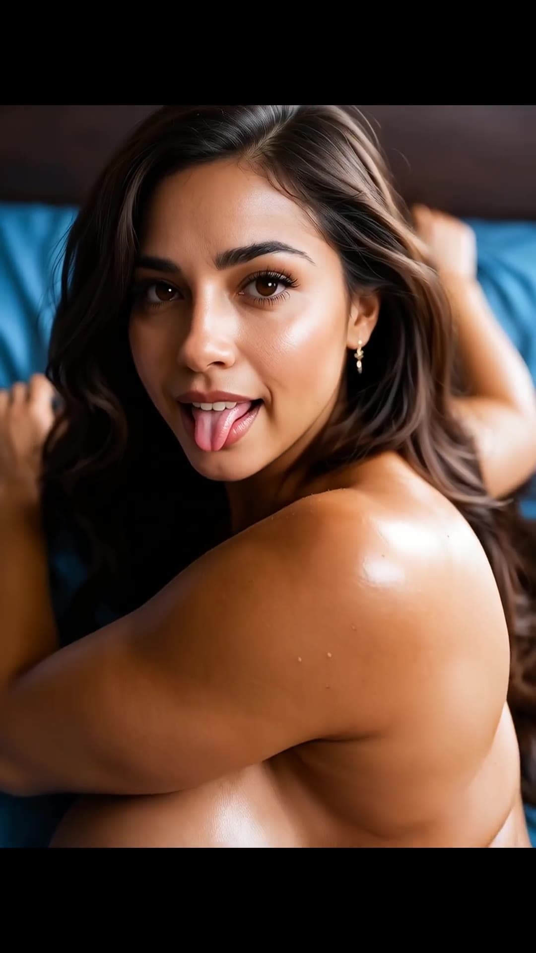 Young adult topless close-up on blue sheets