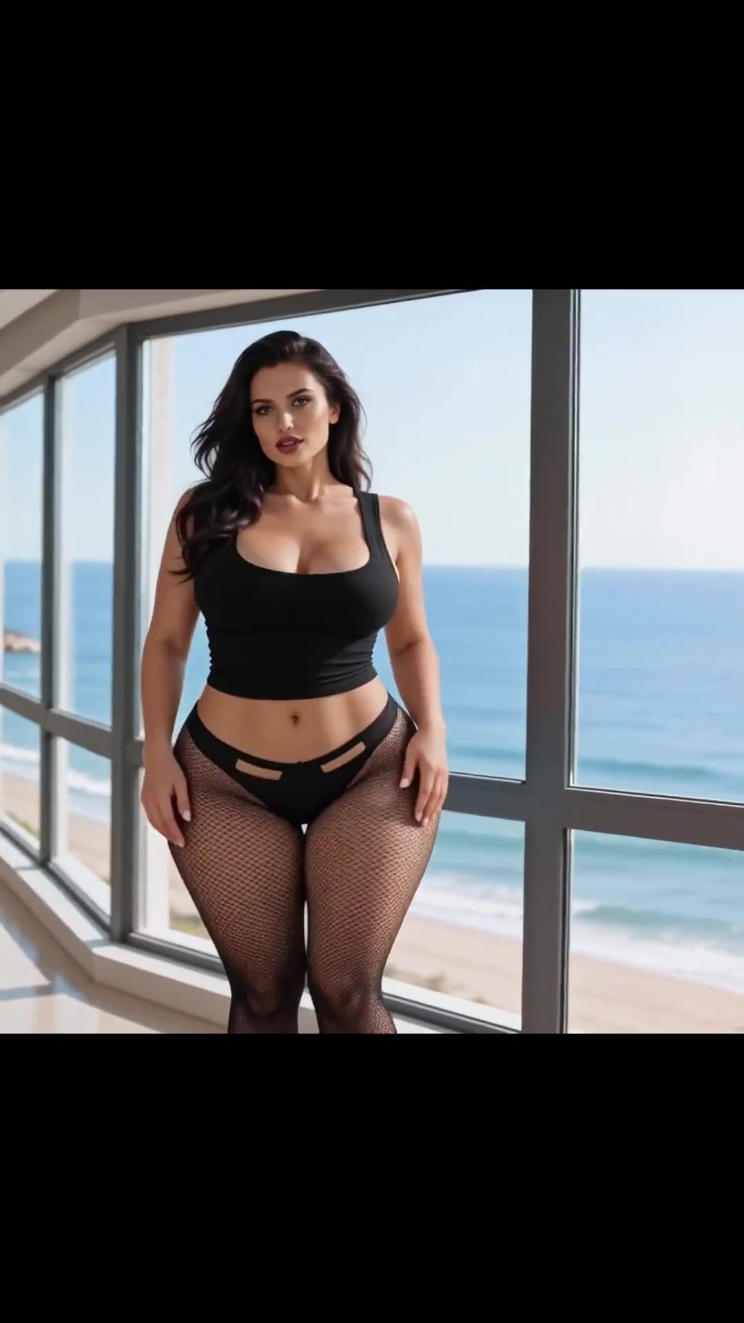 College age curvy brunette in fishnets by ocean windows