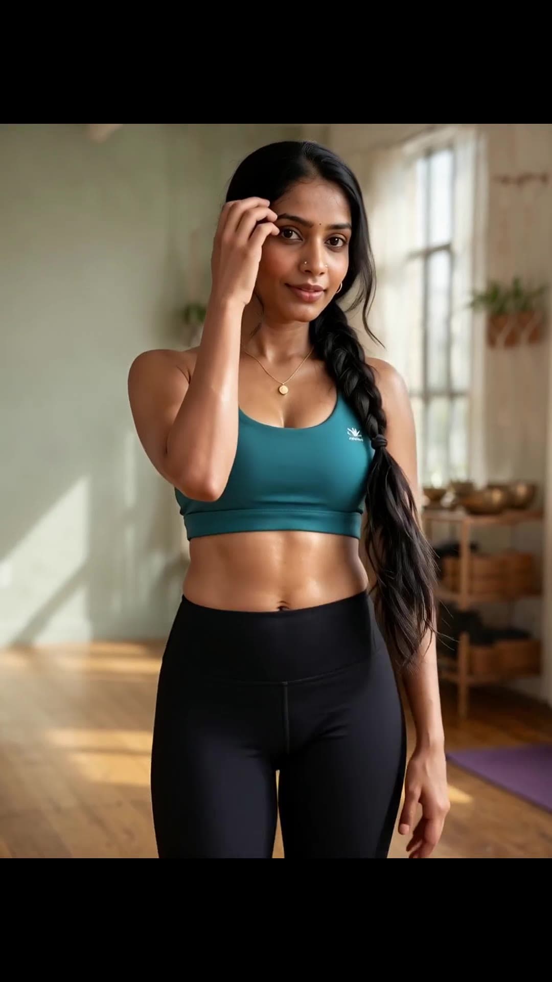 Athletic Asian in teal sports bra yoga studio pose