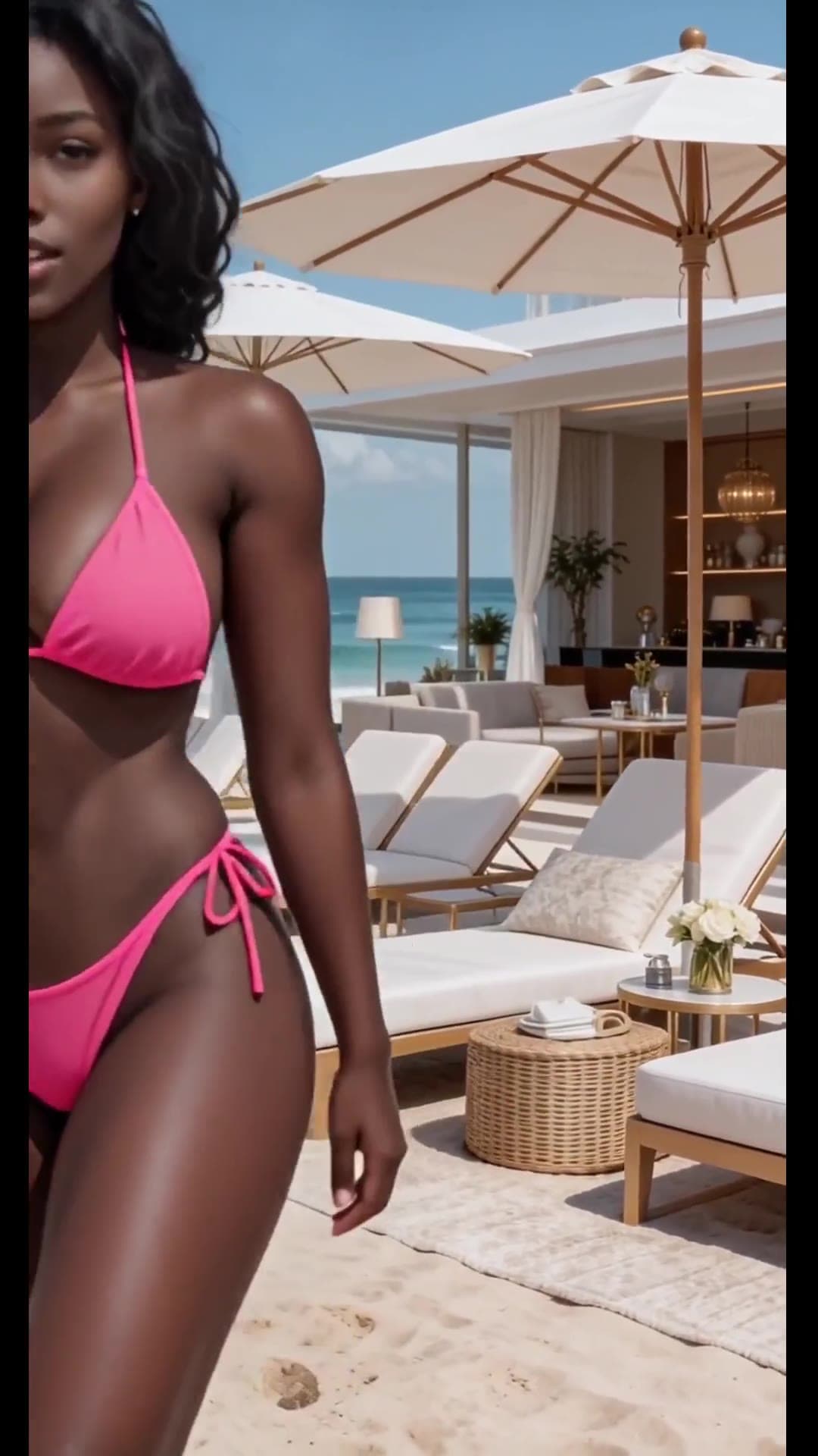 Beach babe in pink bikini shows off curves