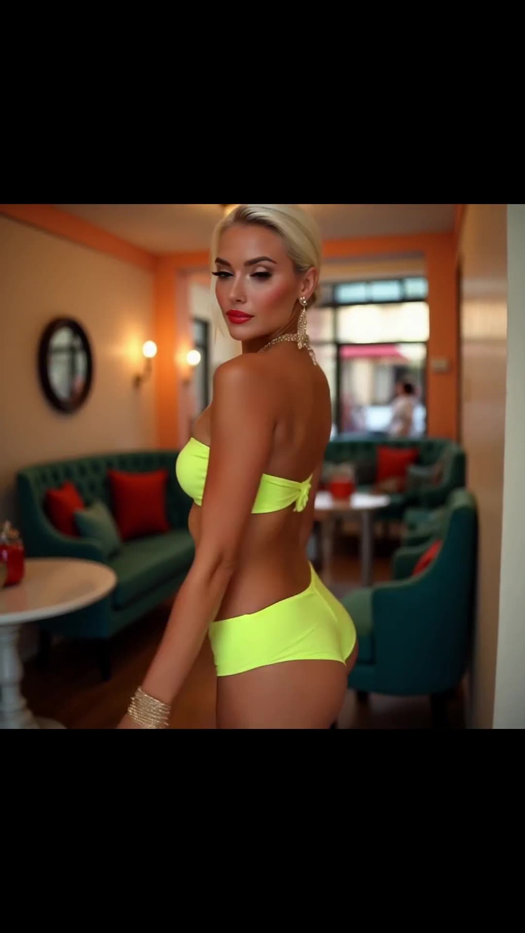 Blue eyed blonde in neon bandeau top looking back
