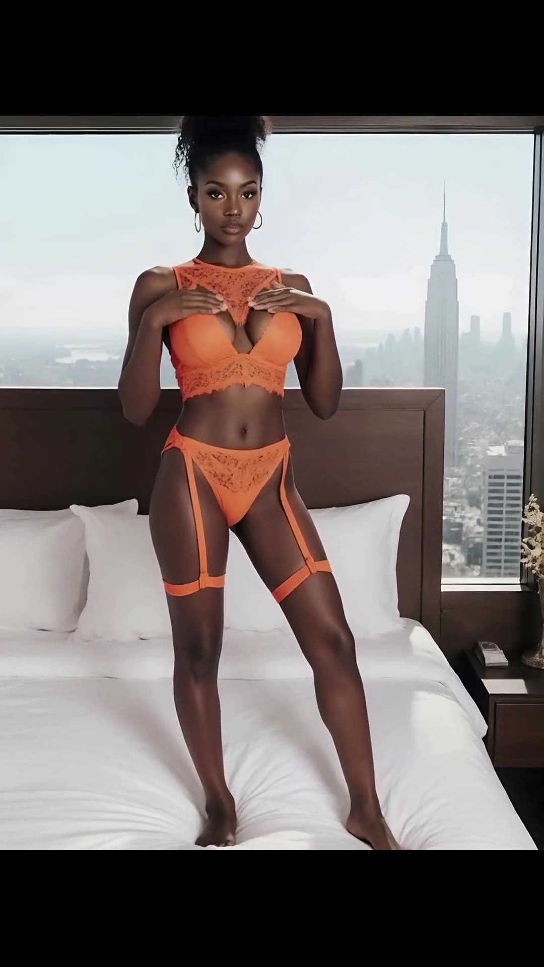 Curvy latina lifting big natural tits in orange lingerie