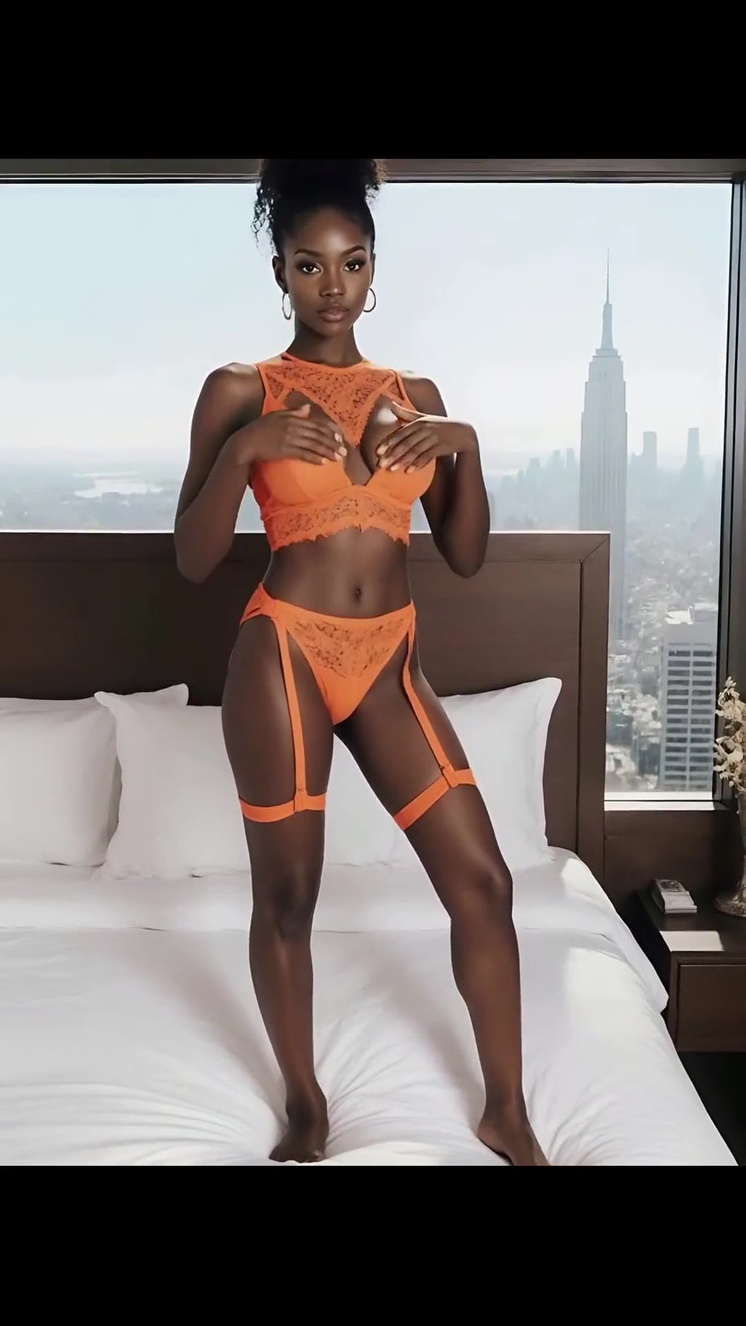 Blue eyed blonde in orange lace bra on city bed