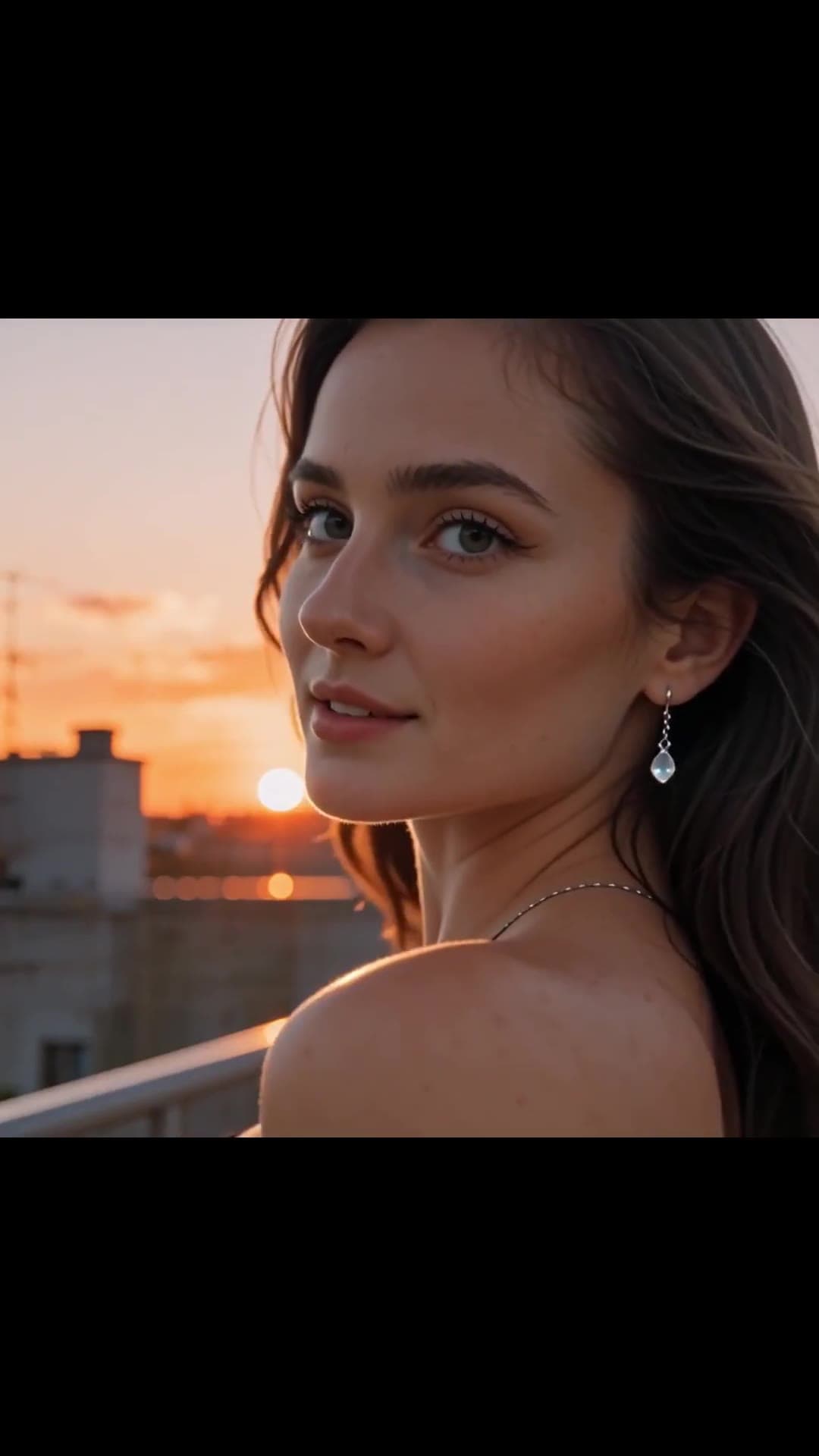 Topless brunette over shoulder balcony look