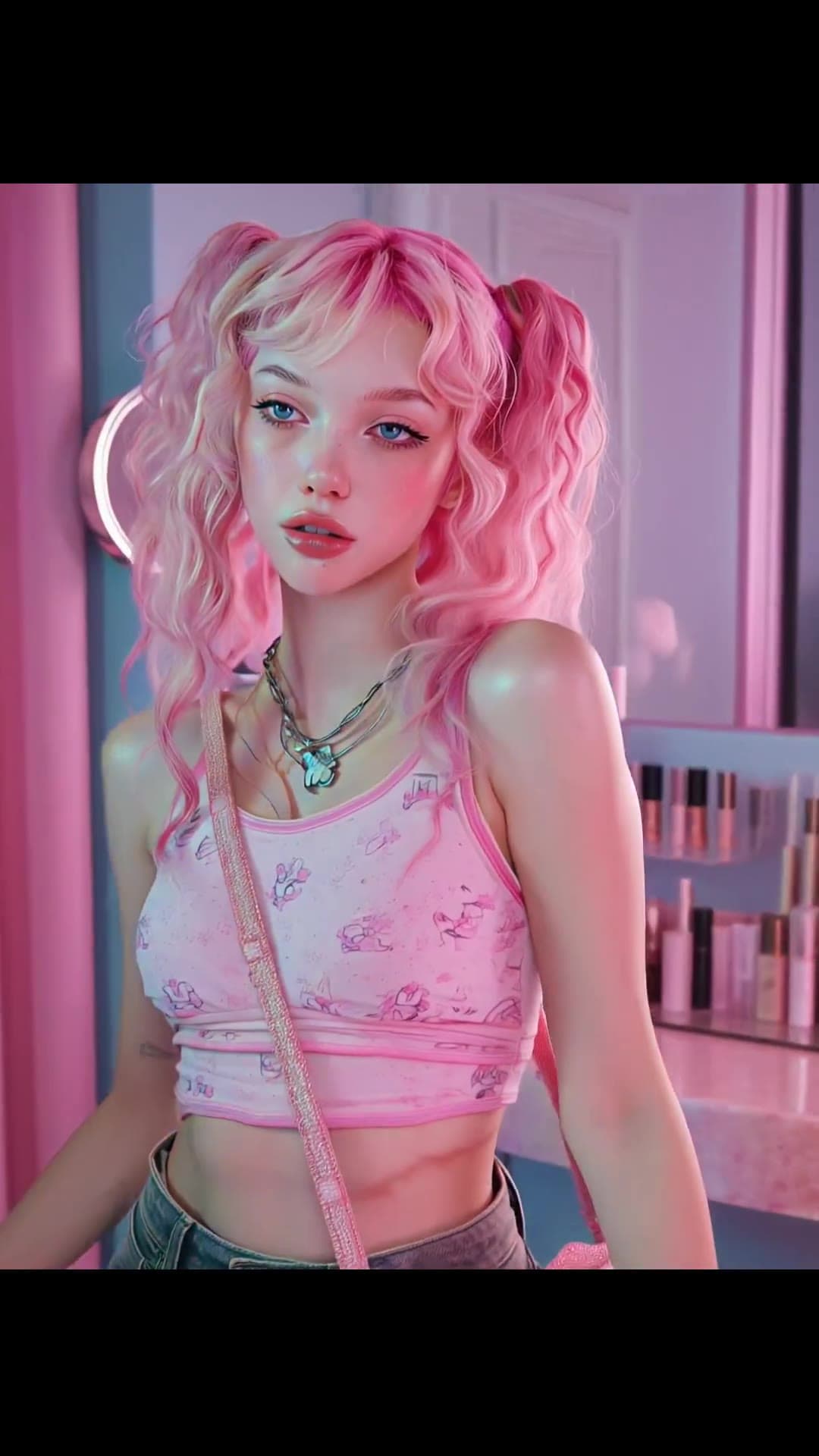 Early 20s blonde selfie in pink crop top