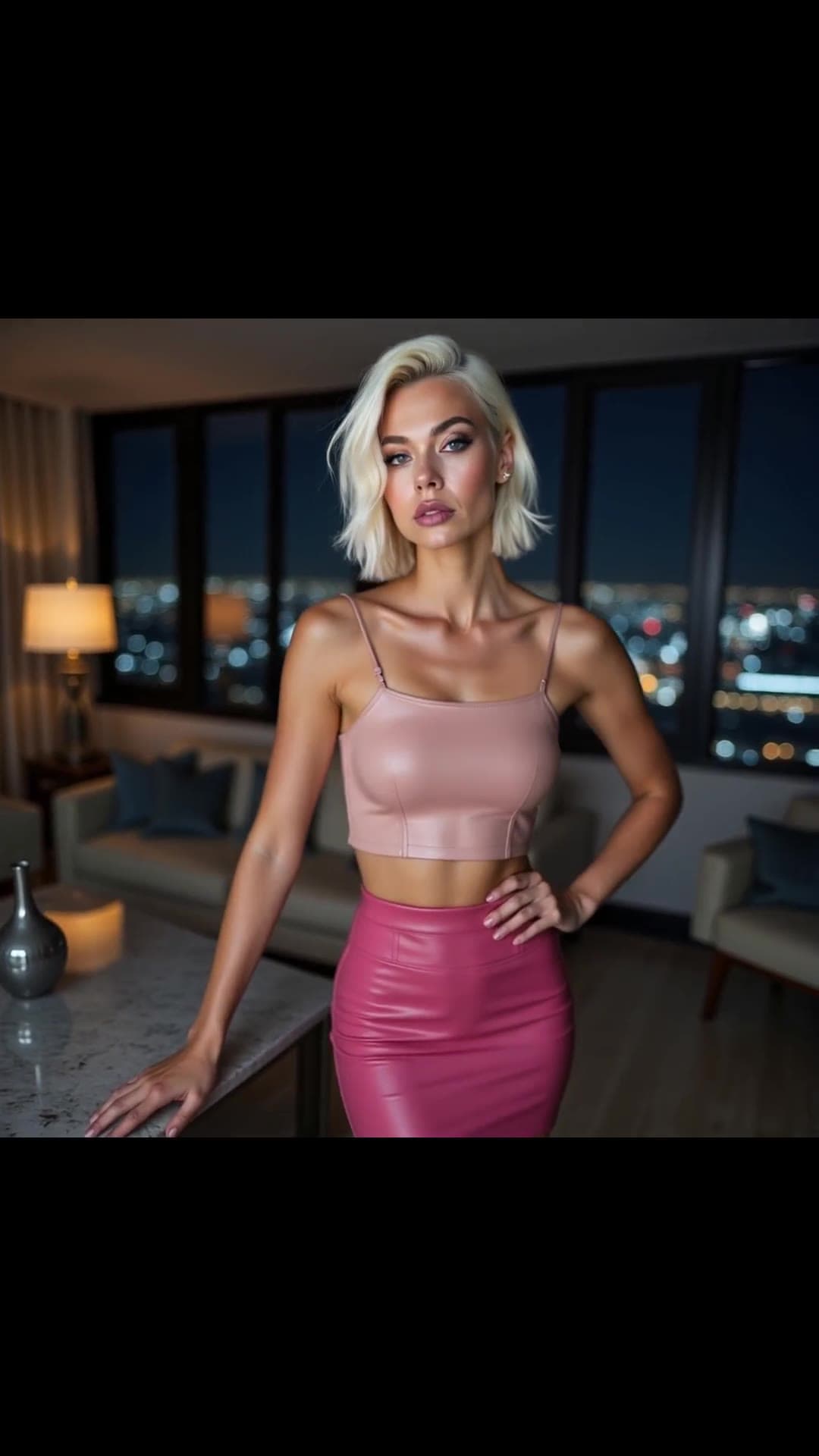 Full body eye level pose in pink leather skirt