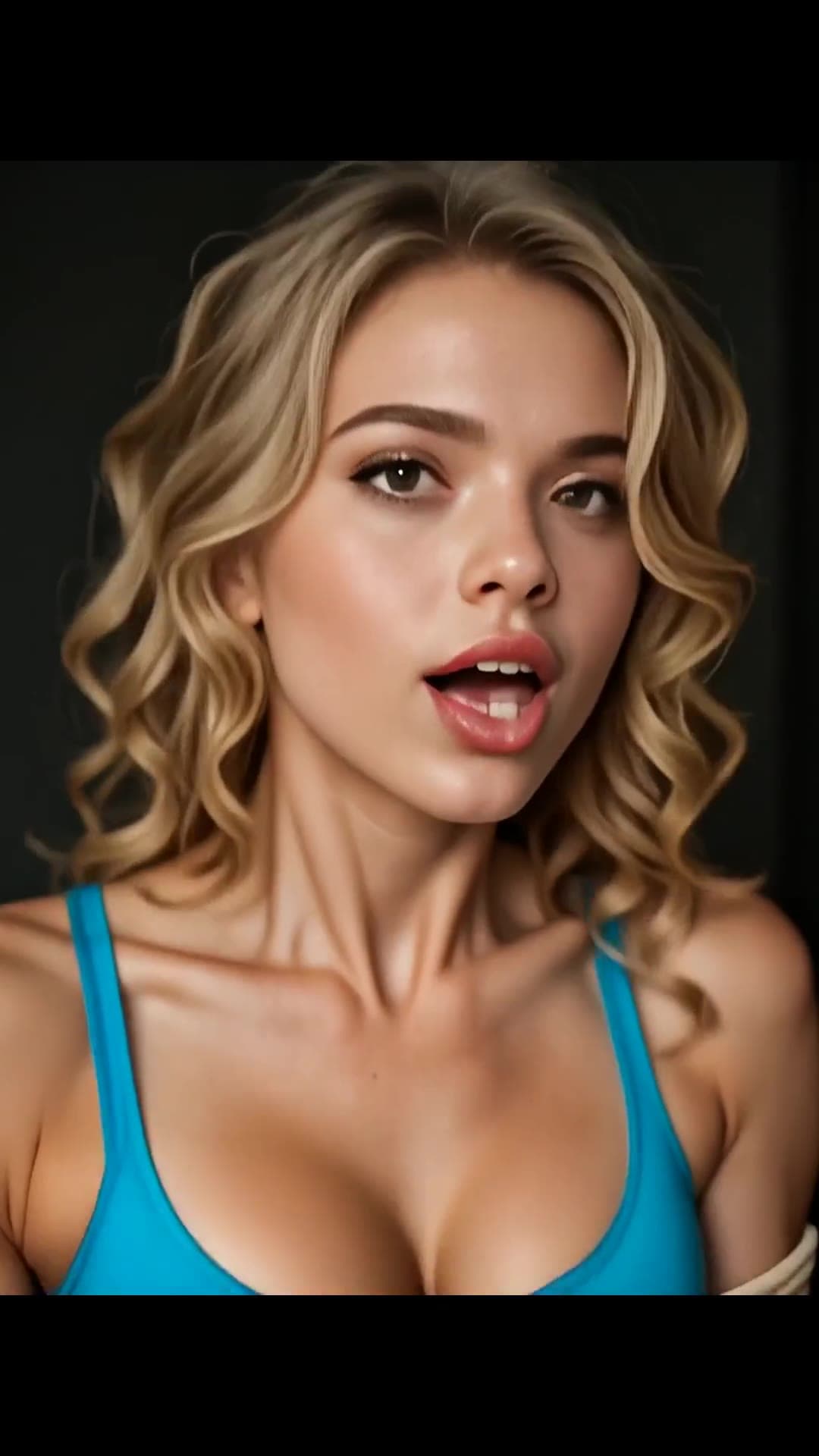 Close-up cleavage in turquoise tank top