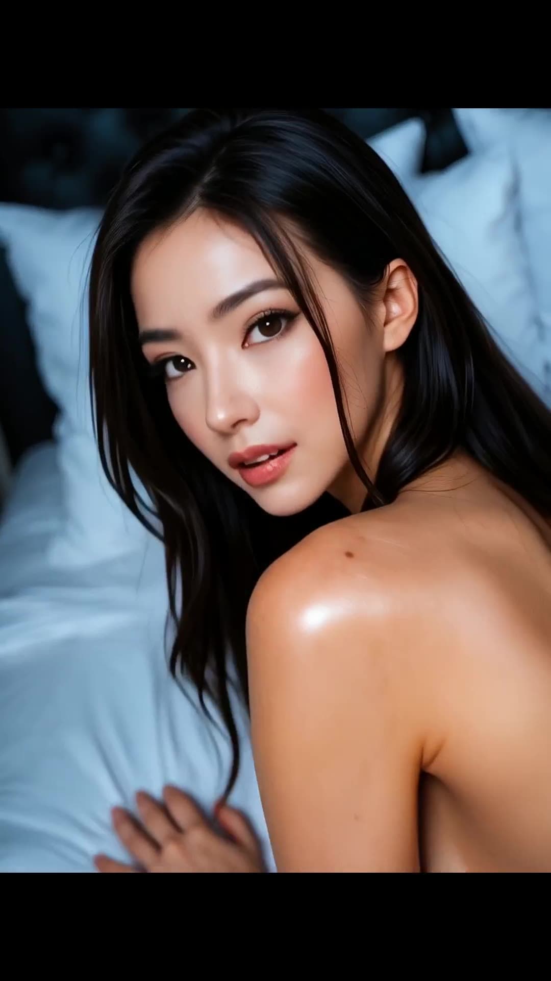 Topless raven haired Asian looking back on sheets