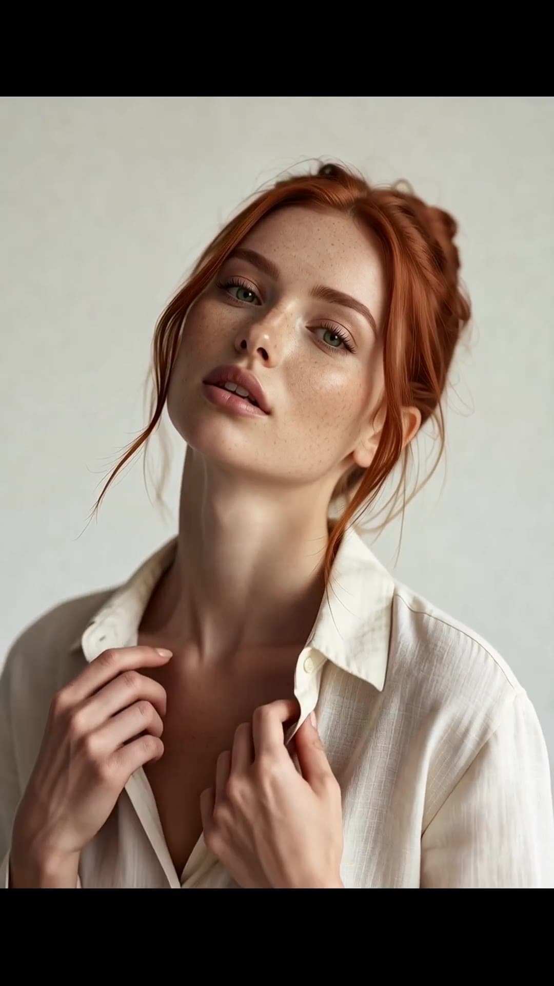 Athletic blonde cleavage tease in open linen shirt