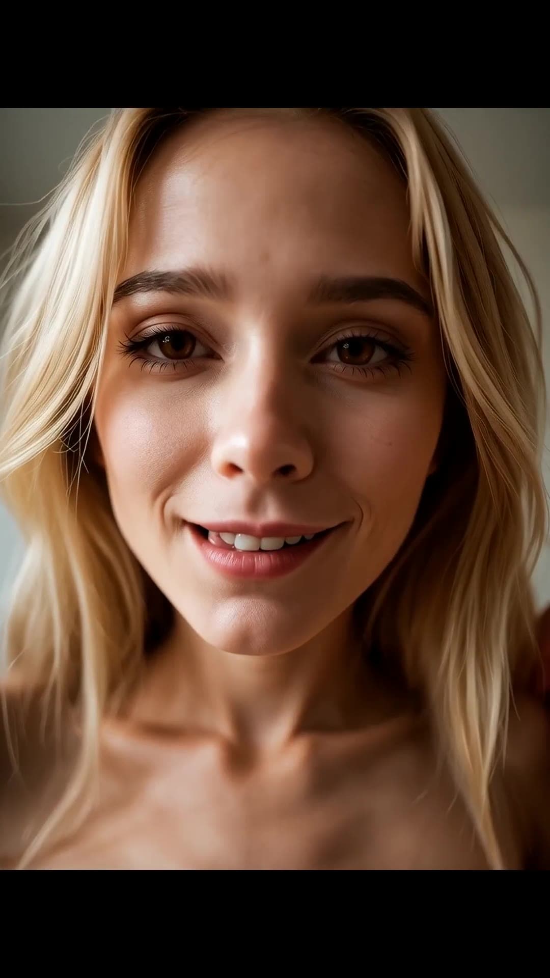 Topless selfie close up, bare shoulders and chest