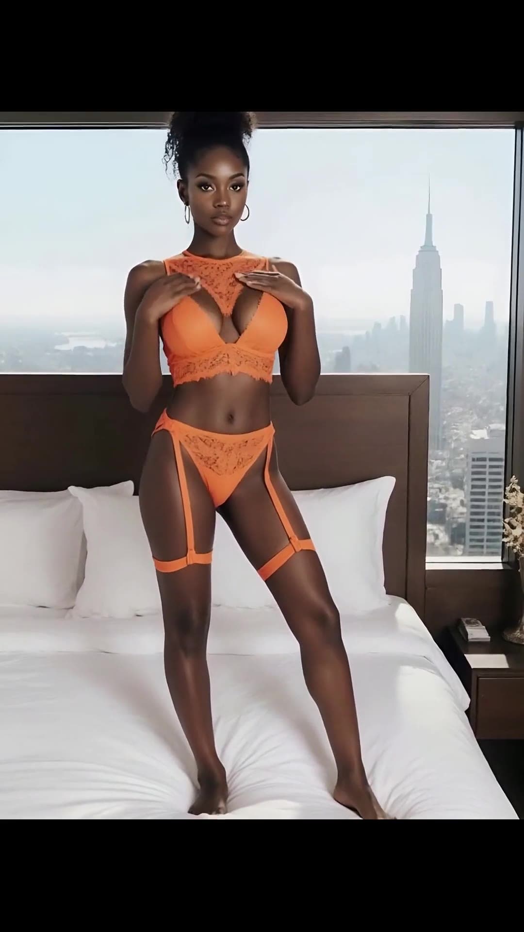 Slim athletic body in orange lace lifts big natural tits