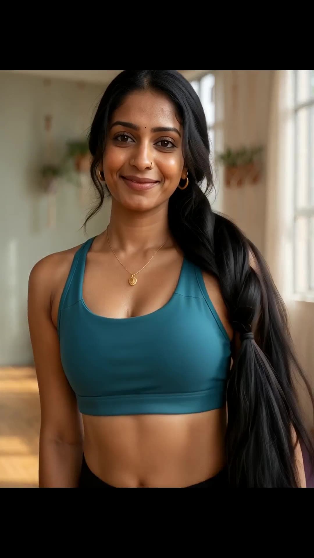 Teal sports bra studio selfie close-up