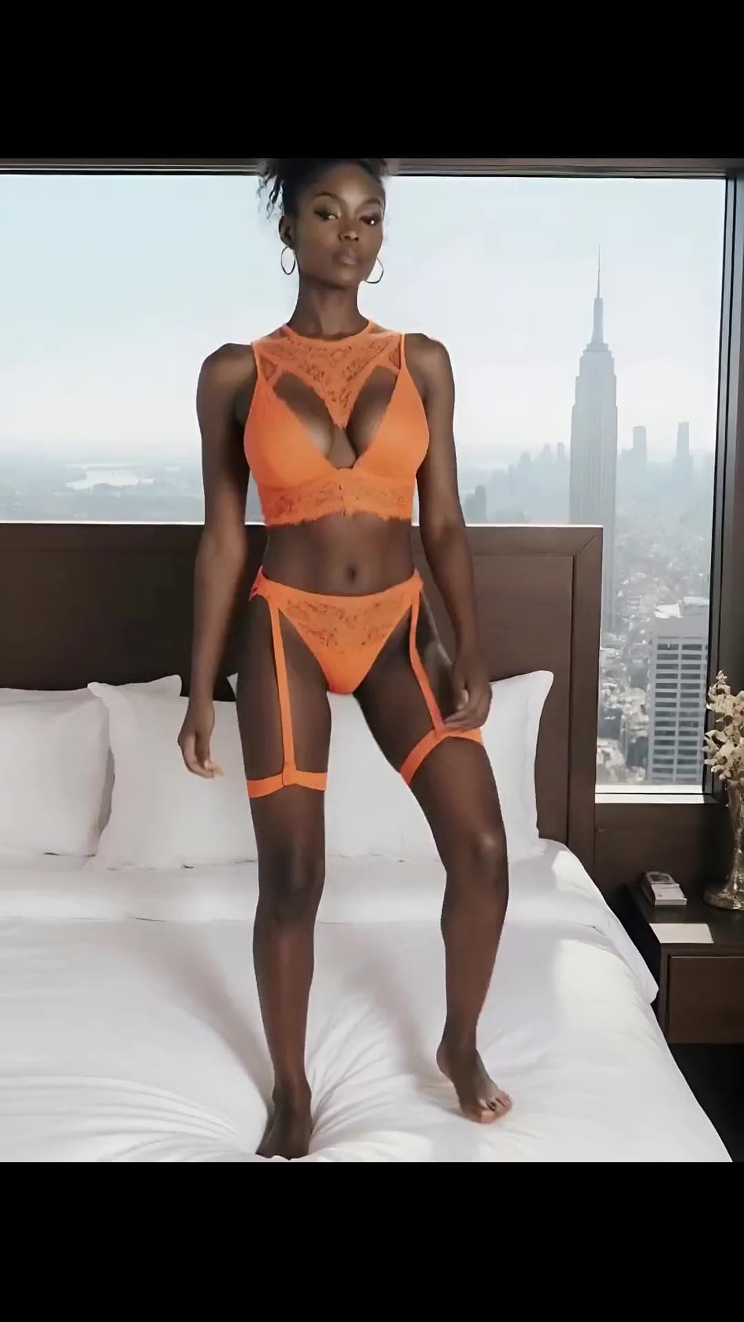 Slim indian big natural tits in orange lace on bed