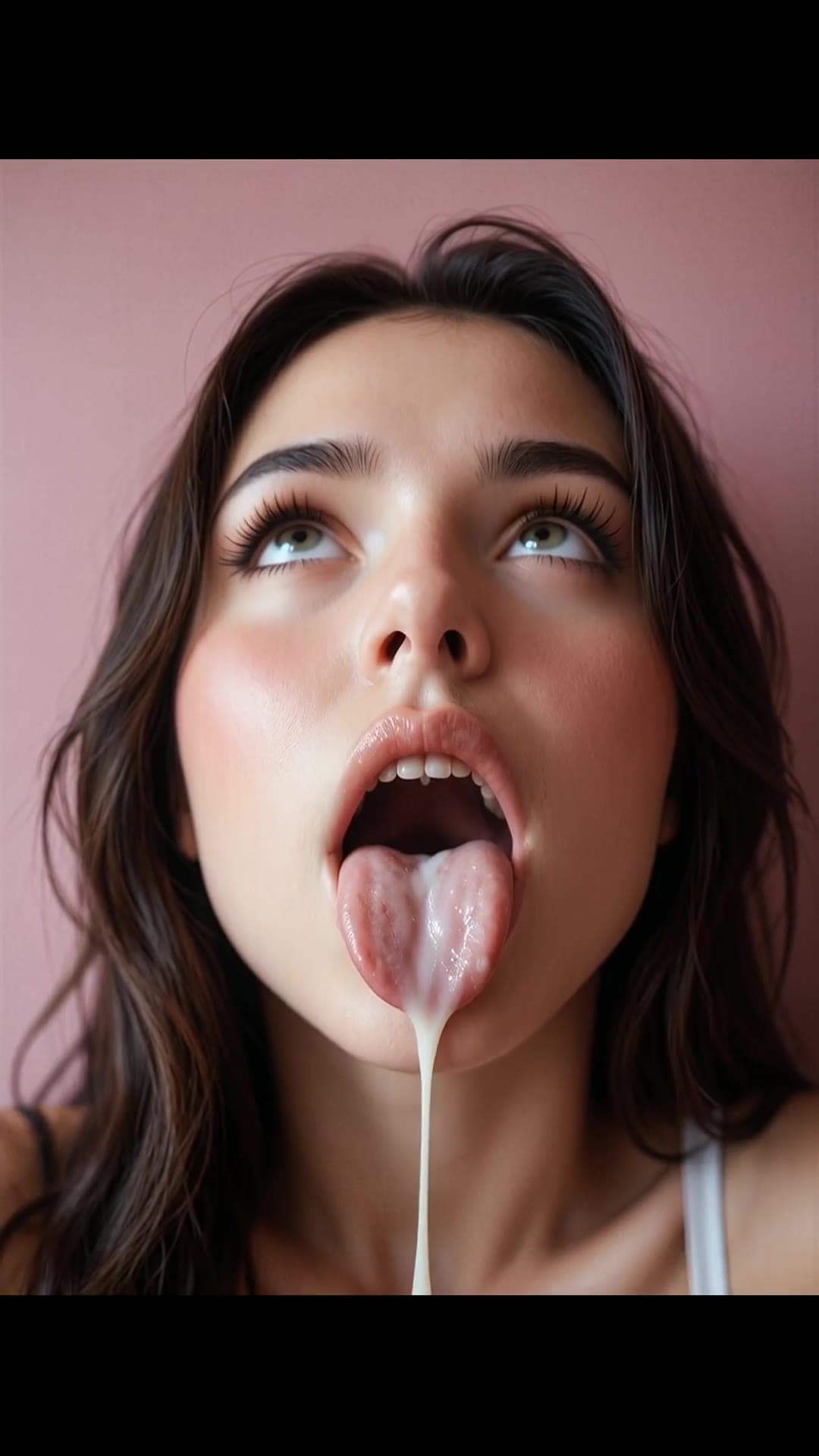 Pink backdrop facial with long dark hair