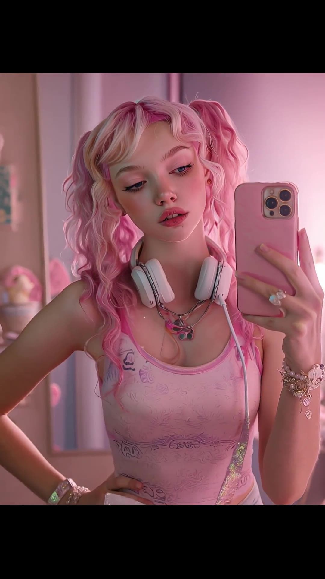 Selfie in pink bedroom with pigtails and midriff