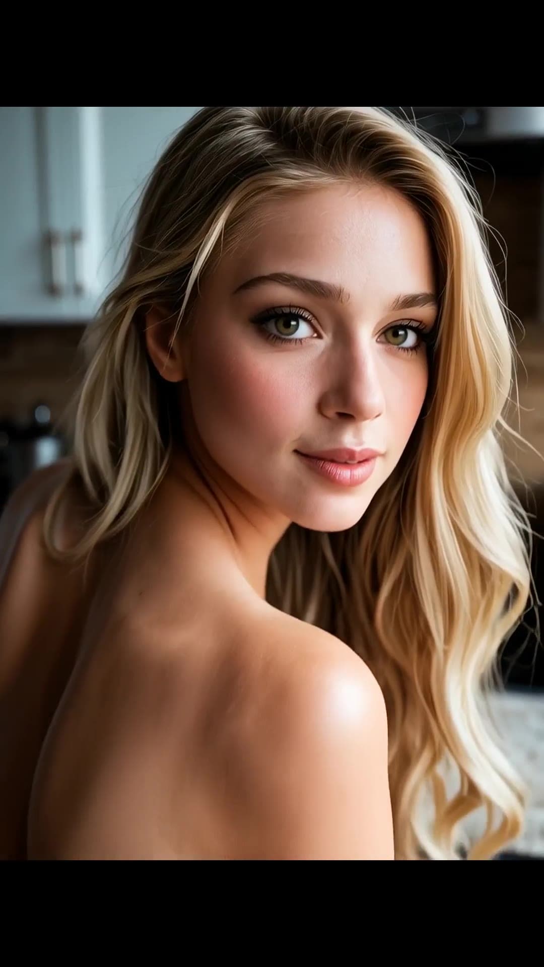 Blonde kitchen close up bare shoulder tease