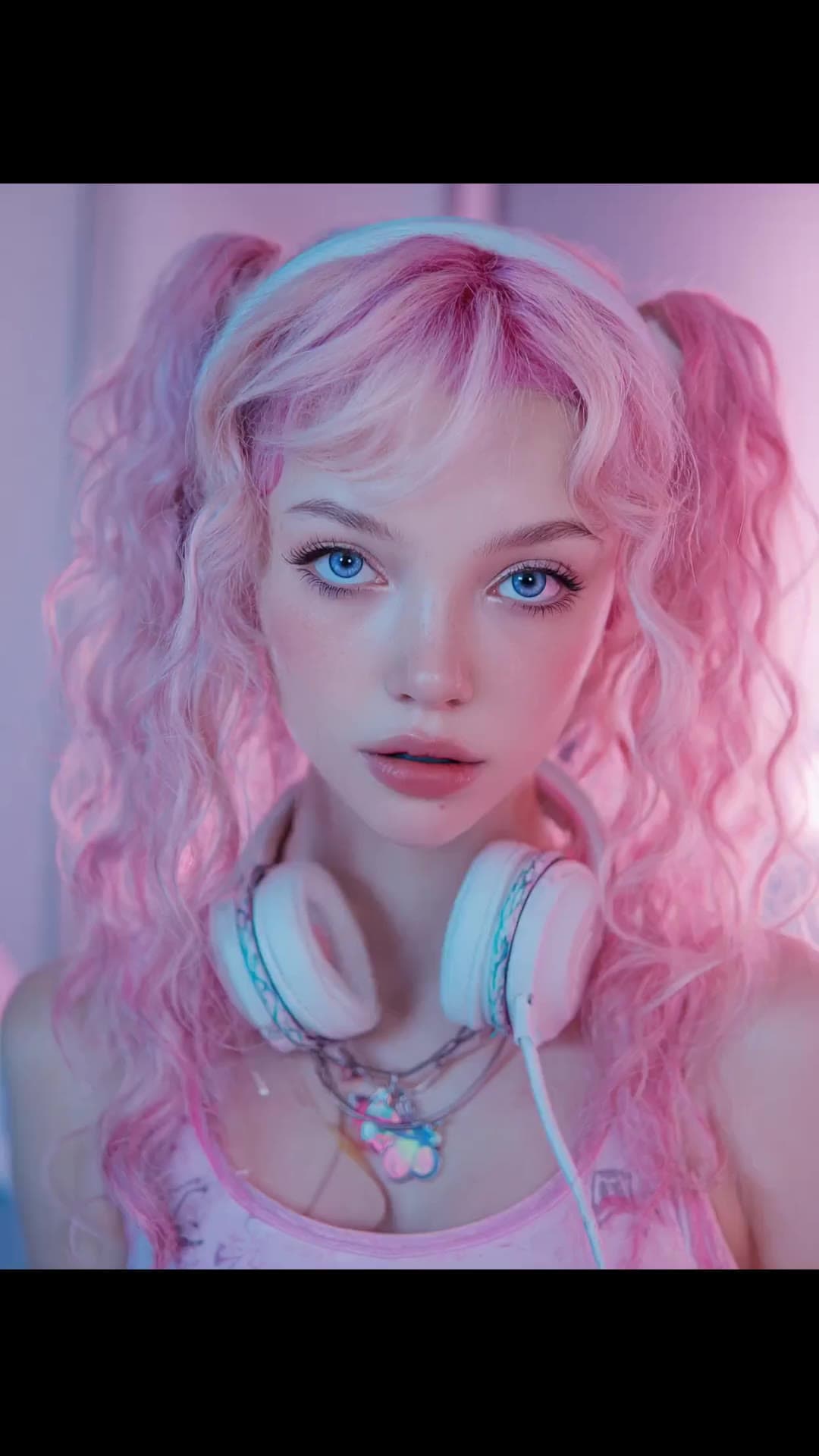 Slim petite body in pink tank top close-up
