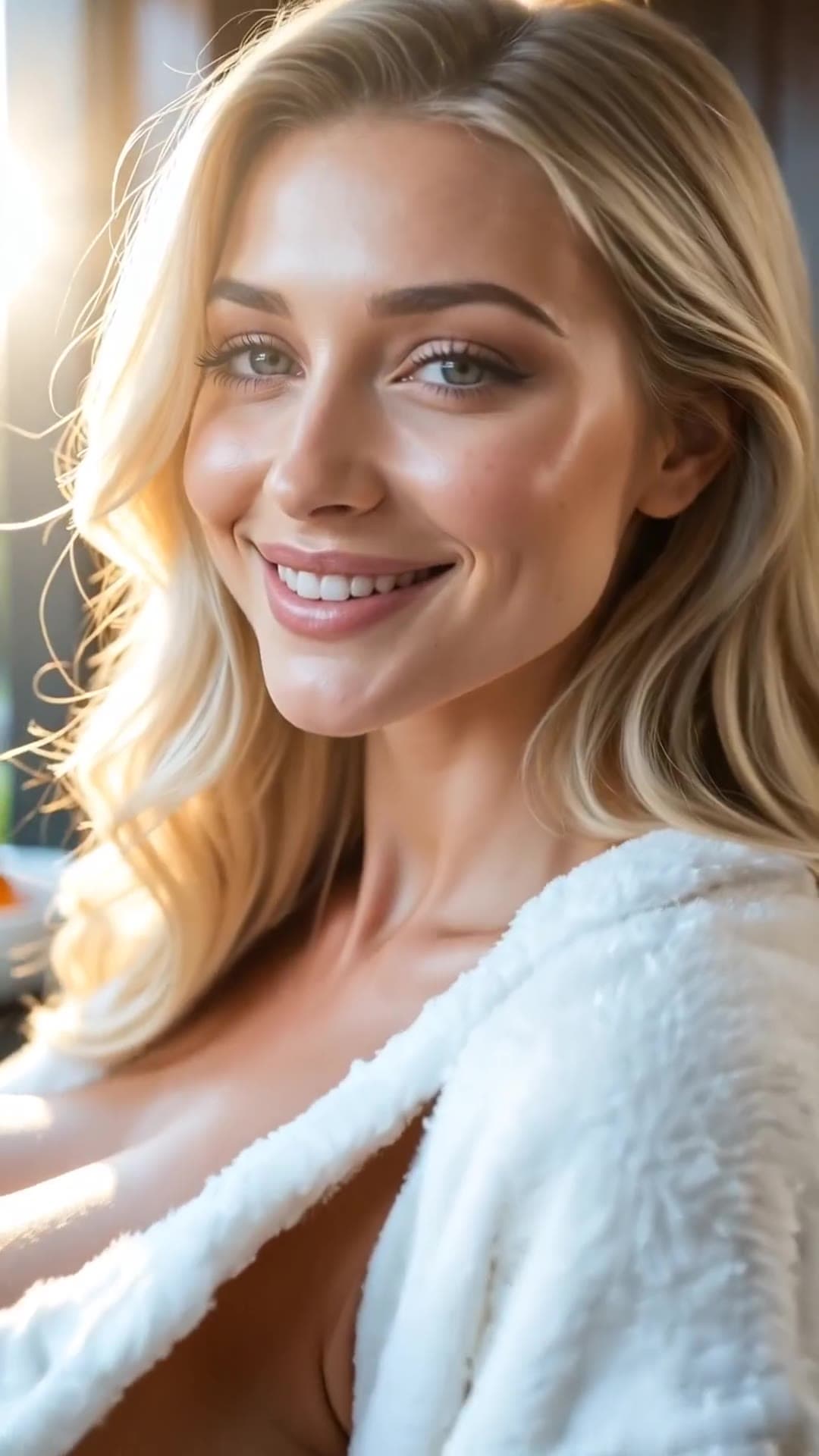 Blonde in open robe flashes cleavage selfie