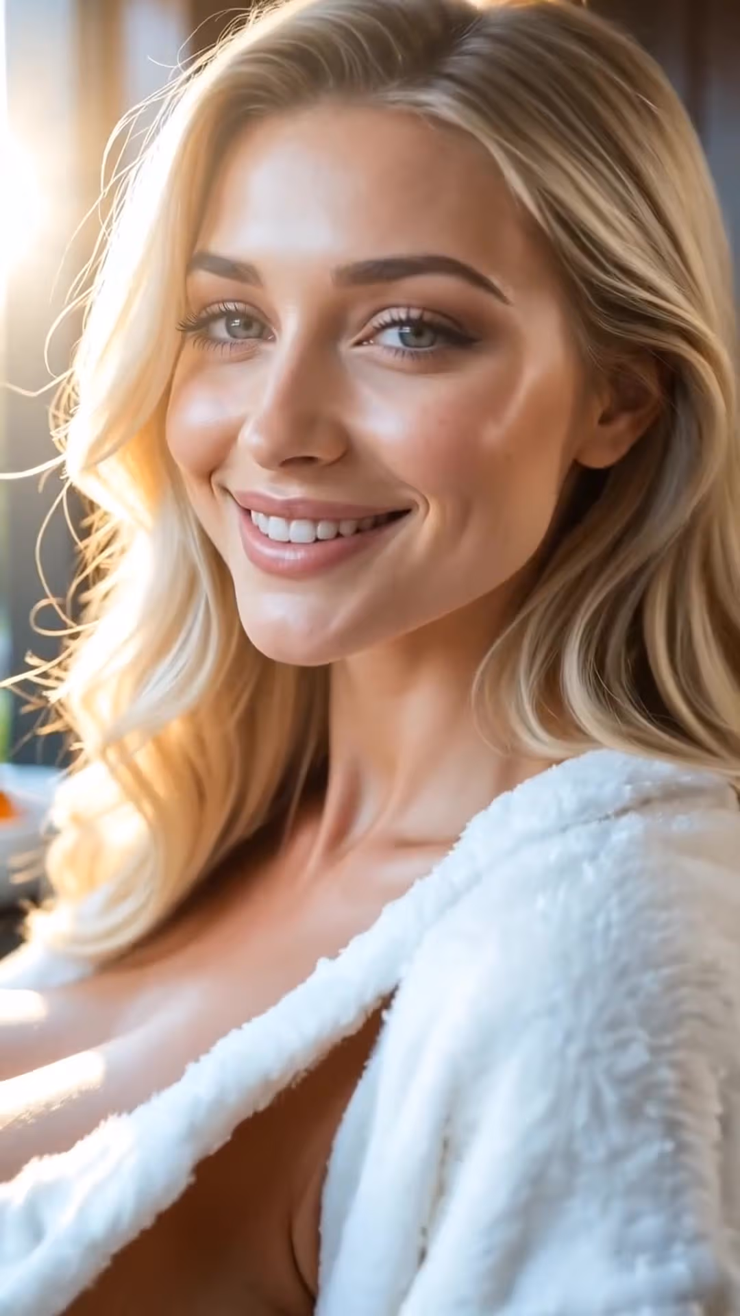 Blonde in open robe flashes cleavage selfie