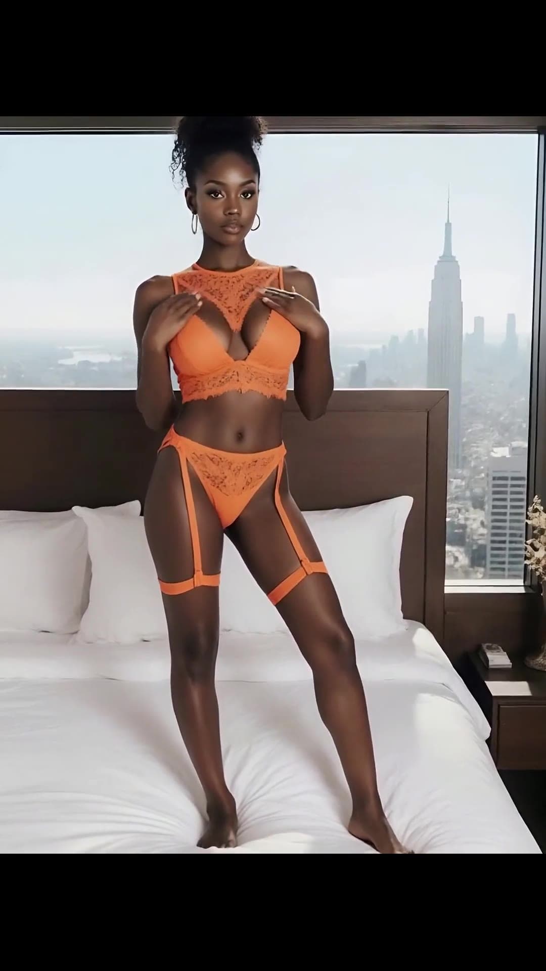 Slim Indian beauty cups large natural breasts in orange lace