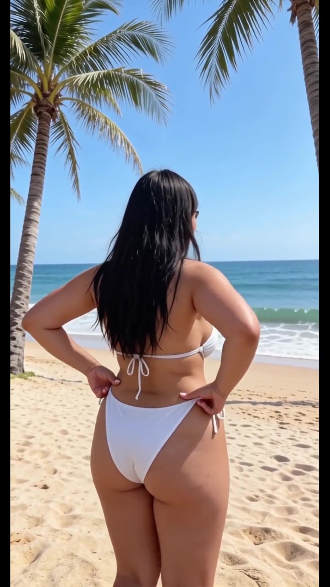 Curvy blonde in white string bikini on beach