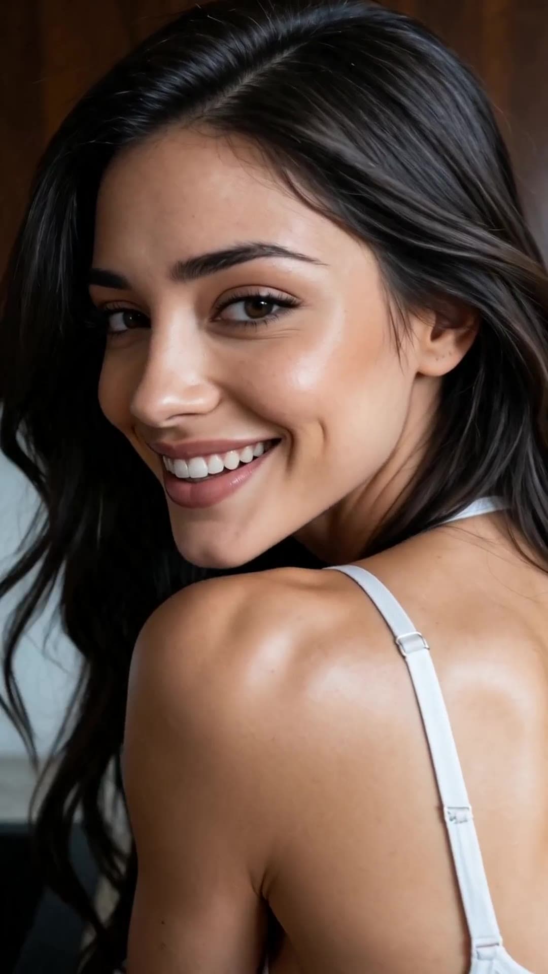 Long dark waves, brown eyes selfie in white bra