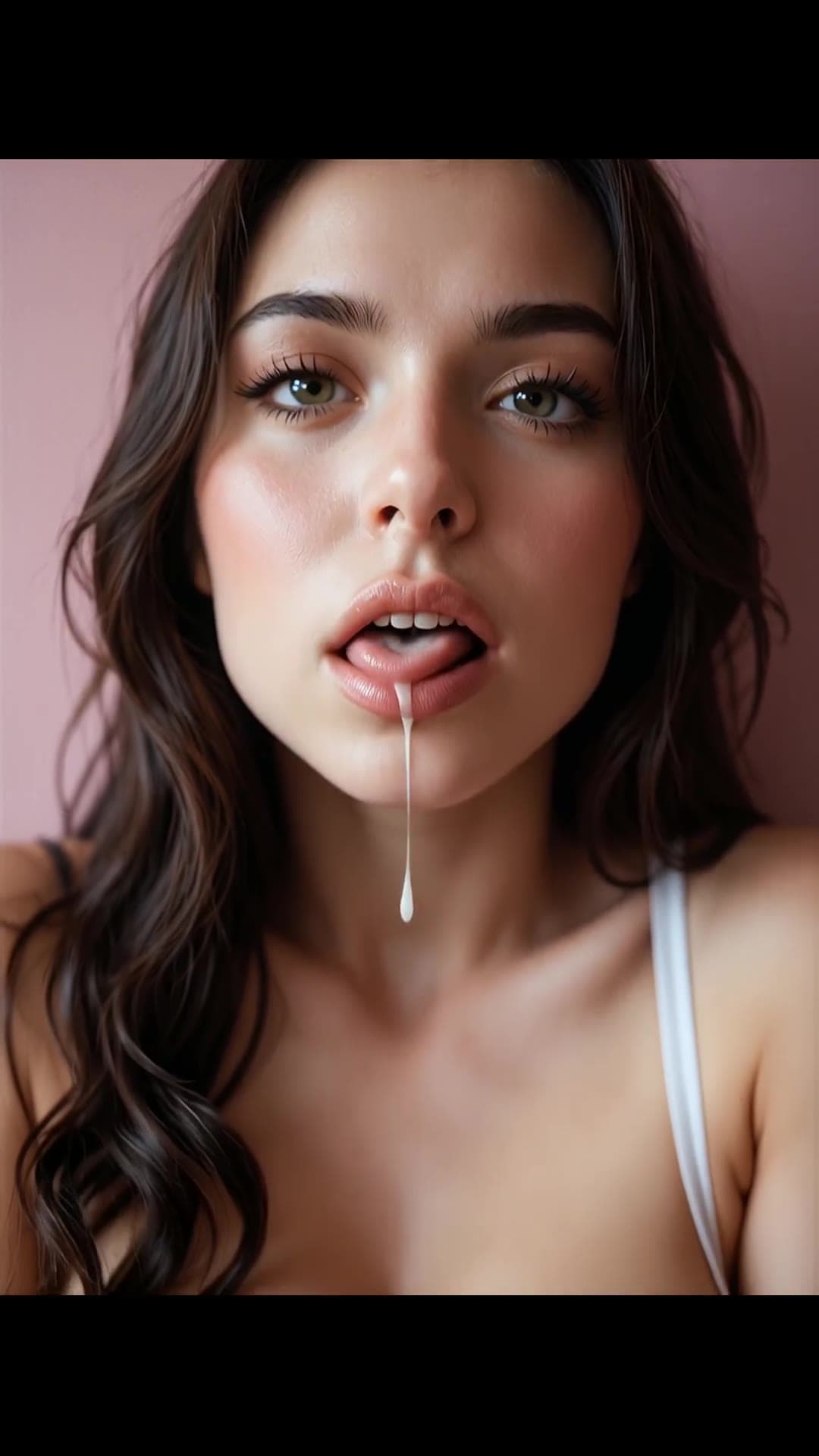 Soft pink background cum on lips close-up