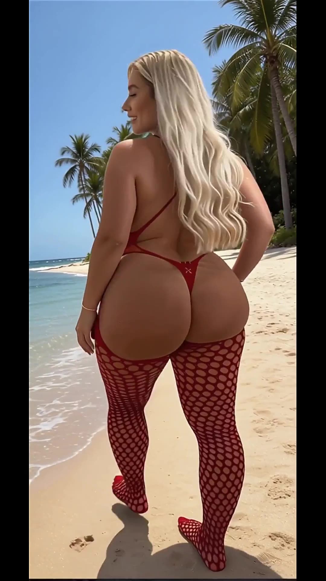Blonde beach babe in micro bikini shows big ass