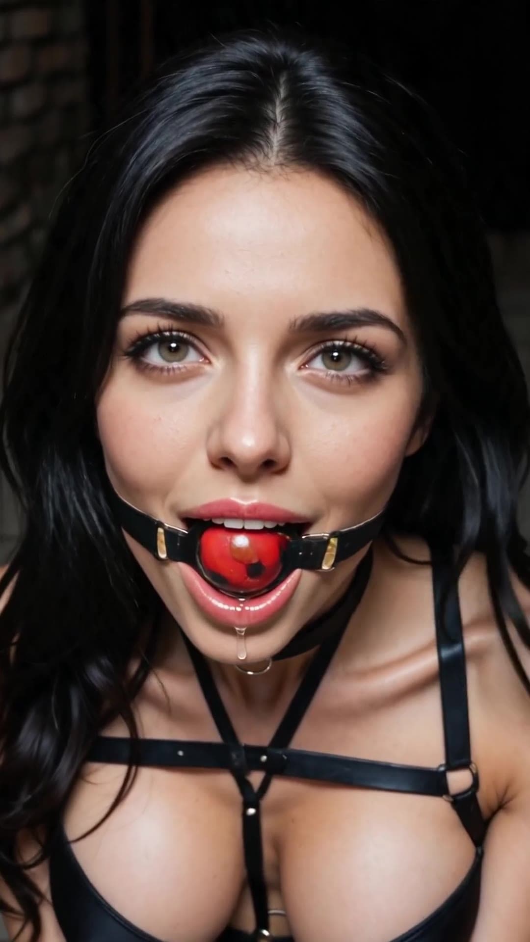 POV close-up with ball gag and leather harness
