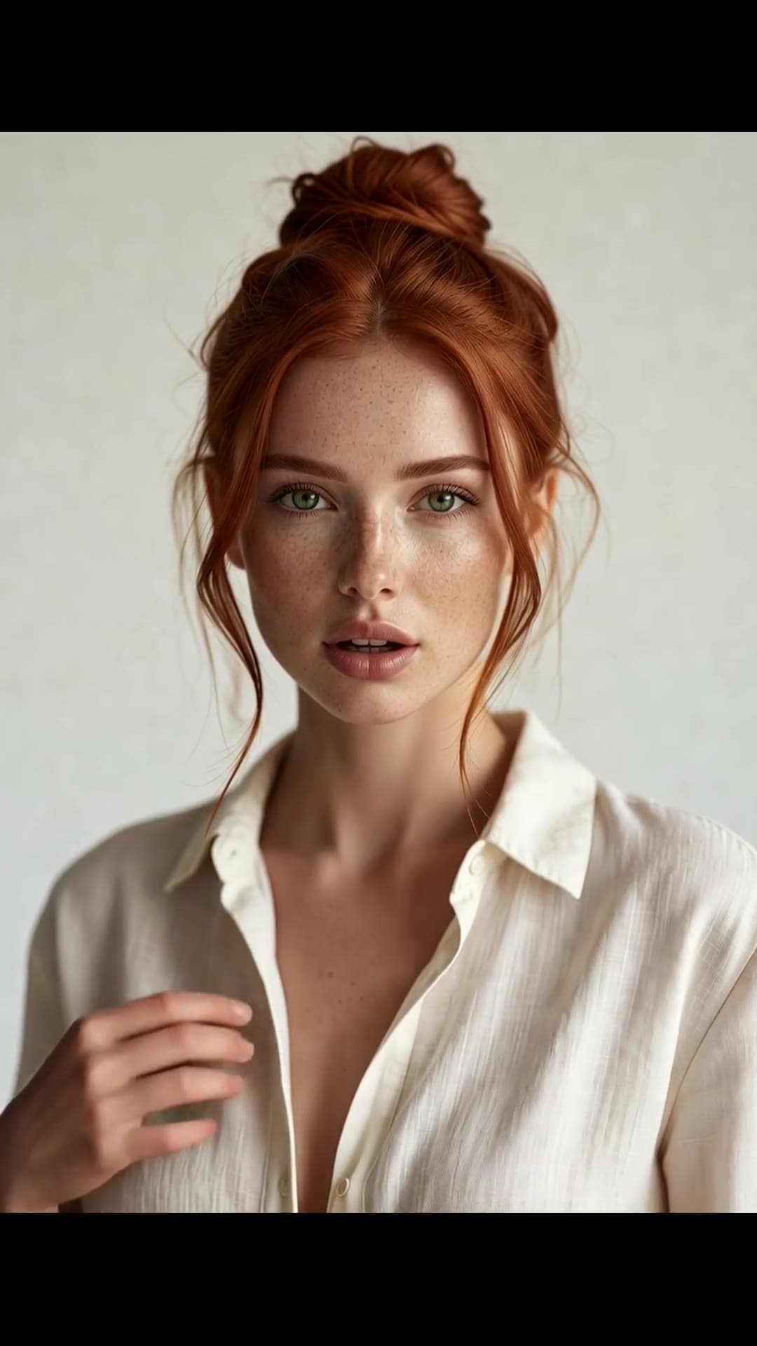 Long red hair green eyes freckled closeup in open shirt